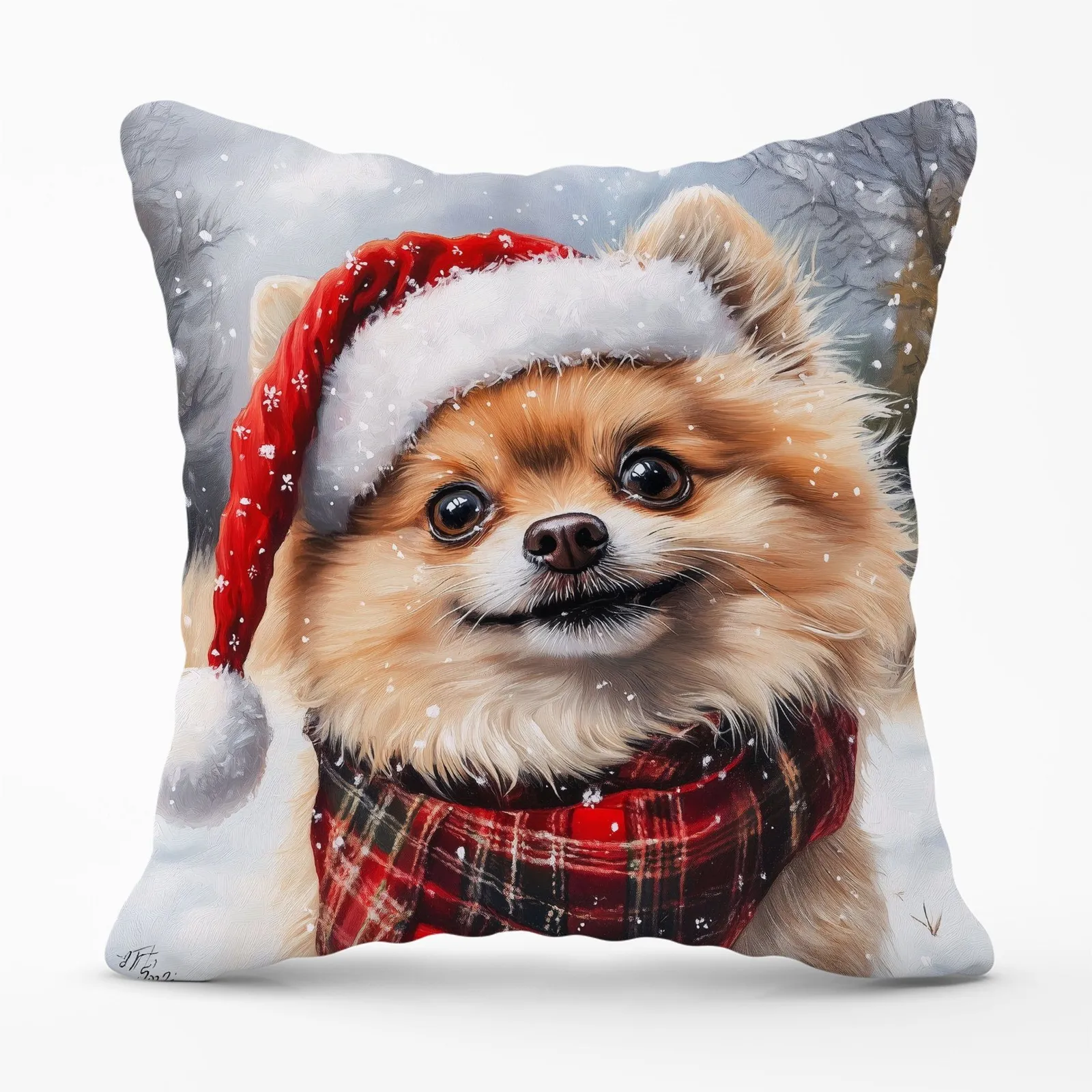 Warren Reed - Designer Snowy Christmas Pomeranian Cushion in Brown
