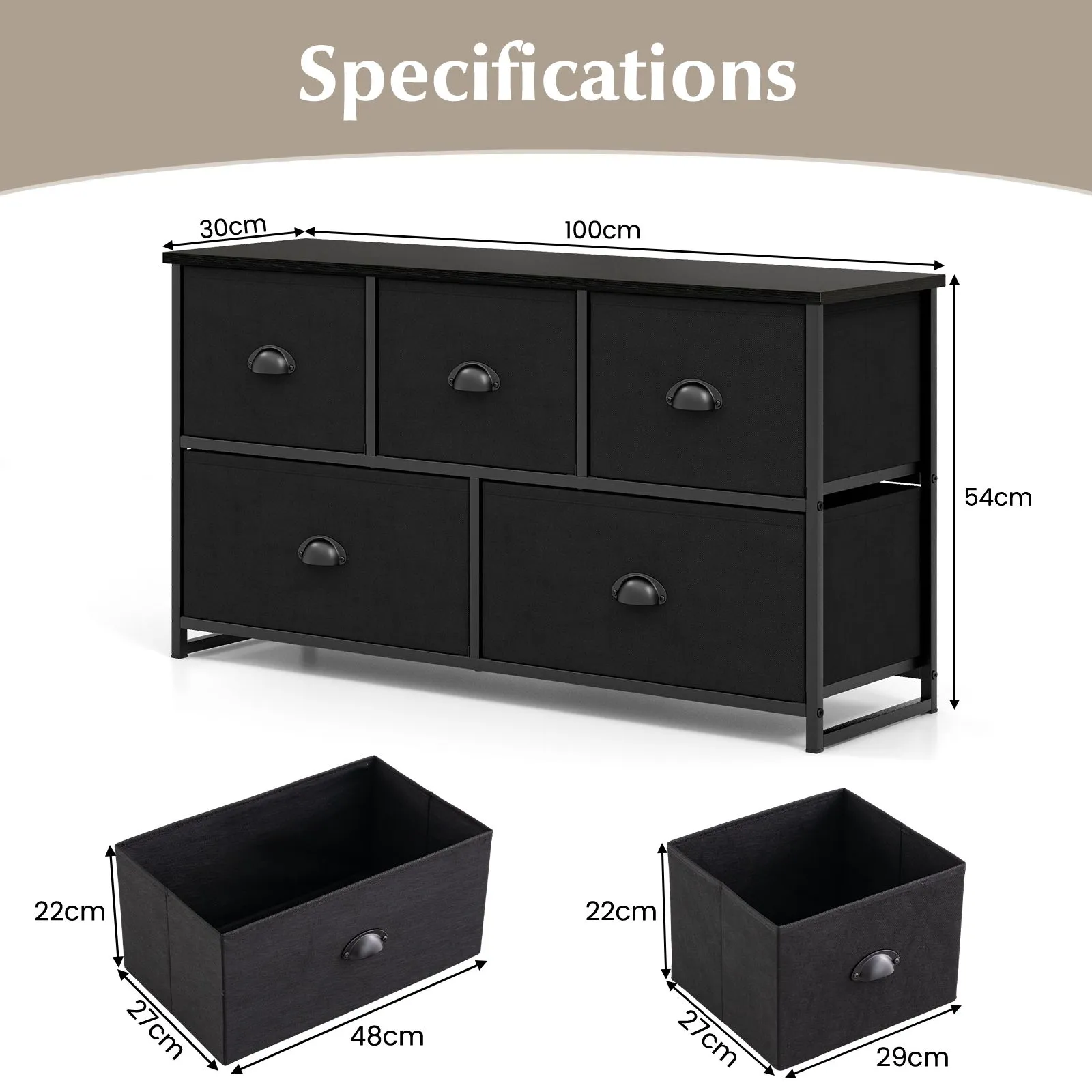 Costway 5 Drawers Cabinet 2-Tier Fabric Storage Organizer Chest of Drawers w/ Baskets in Black 5