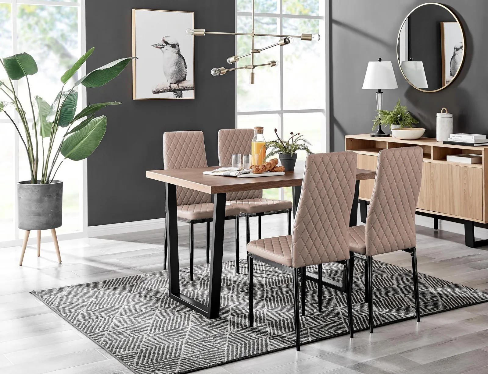 FurnitureboxUK Kylo Brown Wood Effect Dining Table With Black 'U' Legs & 4 Milan Faux Leather Chairs in Beige 1