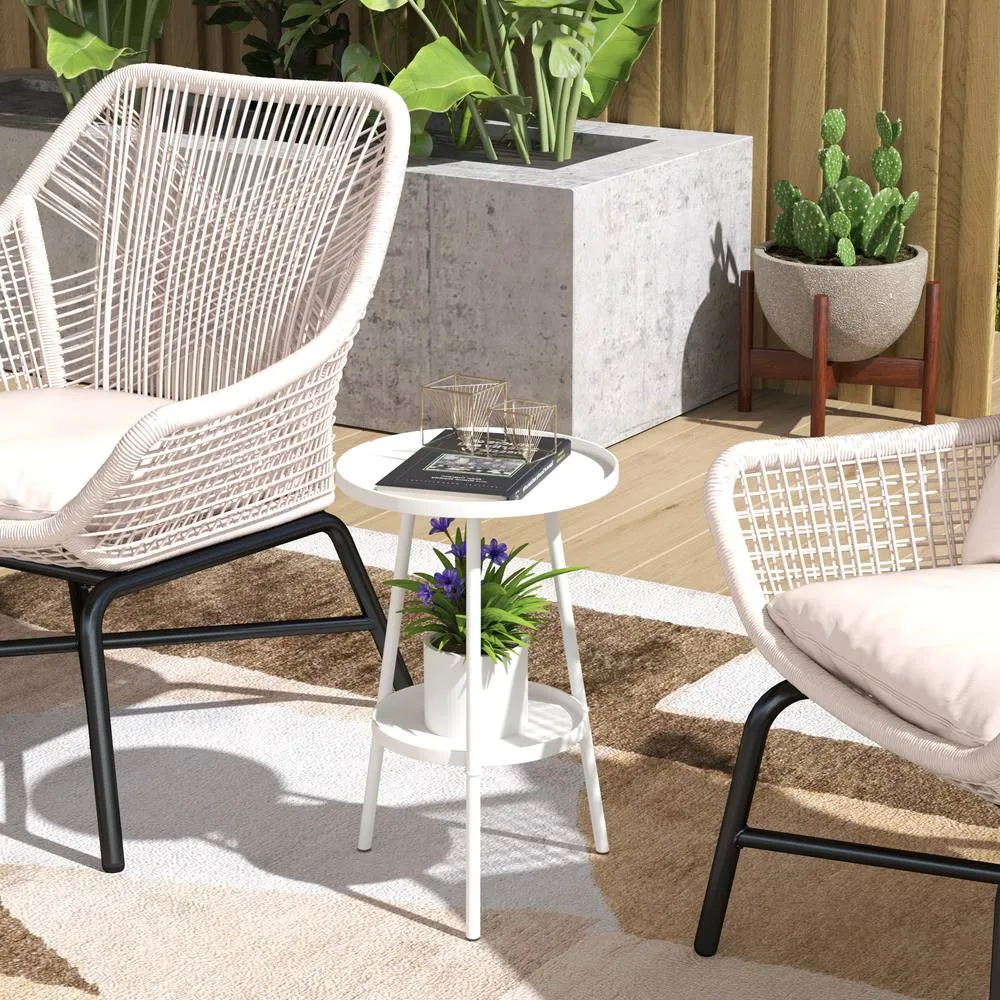 OUTSUNNY Round Garden Table, 2-Tier Metal Patio Table Coffee Table, White