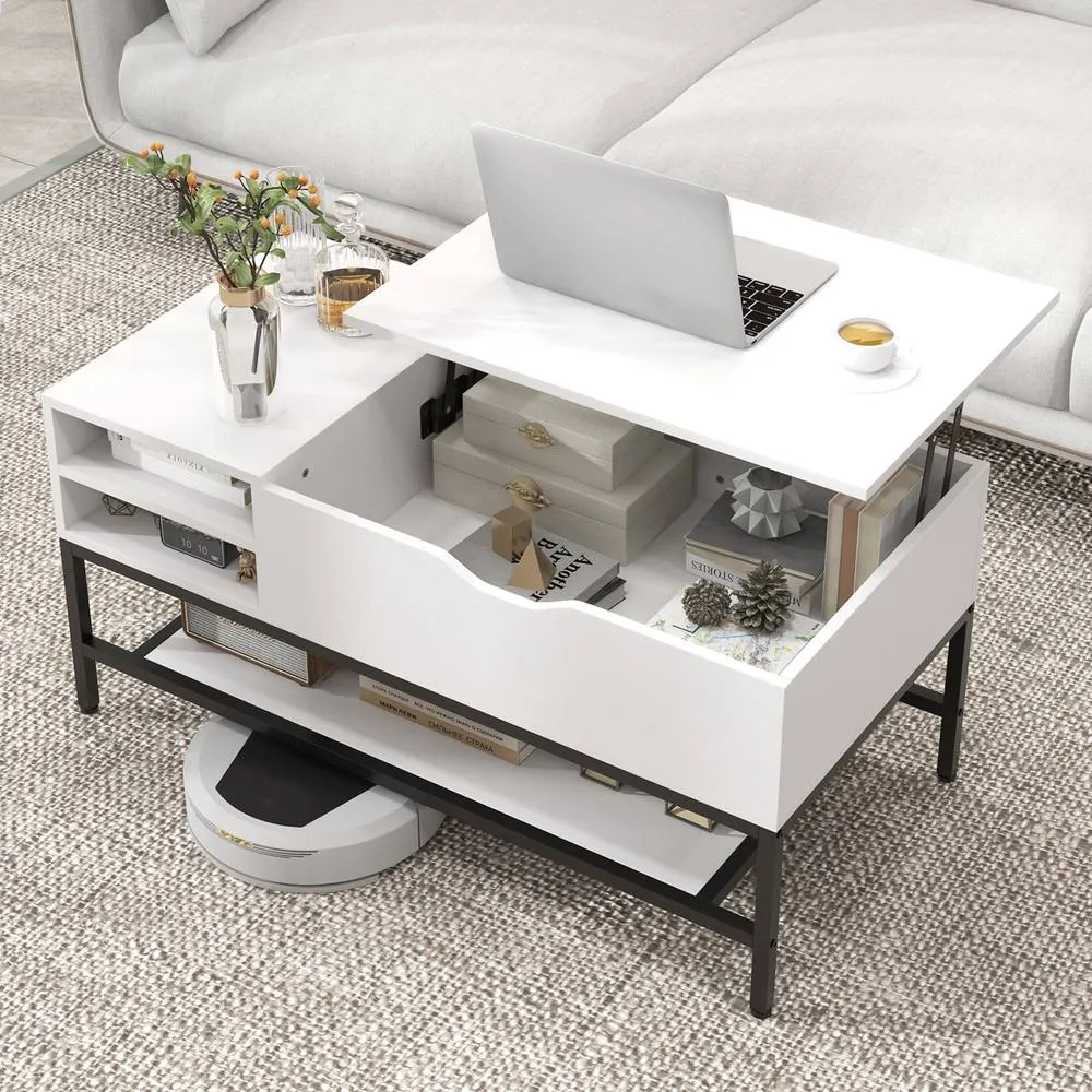 Costway Modern Lift Top Coffee Table Side Table Snack Table w/ Storage Shelf in White 6