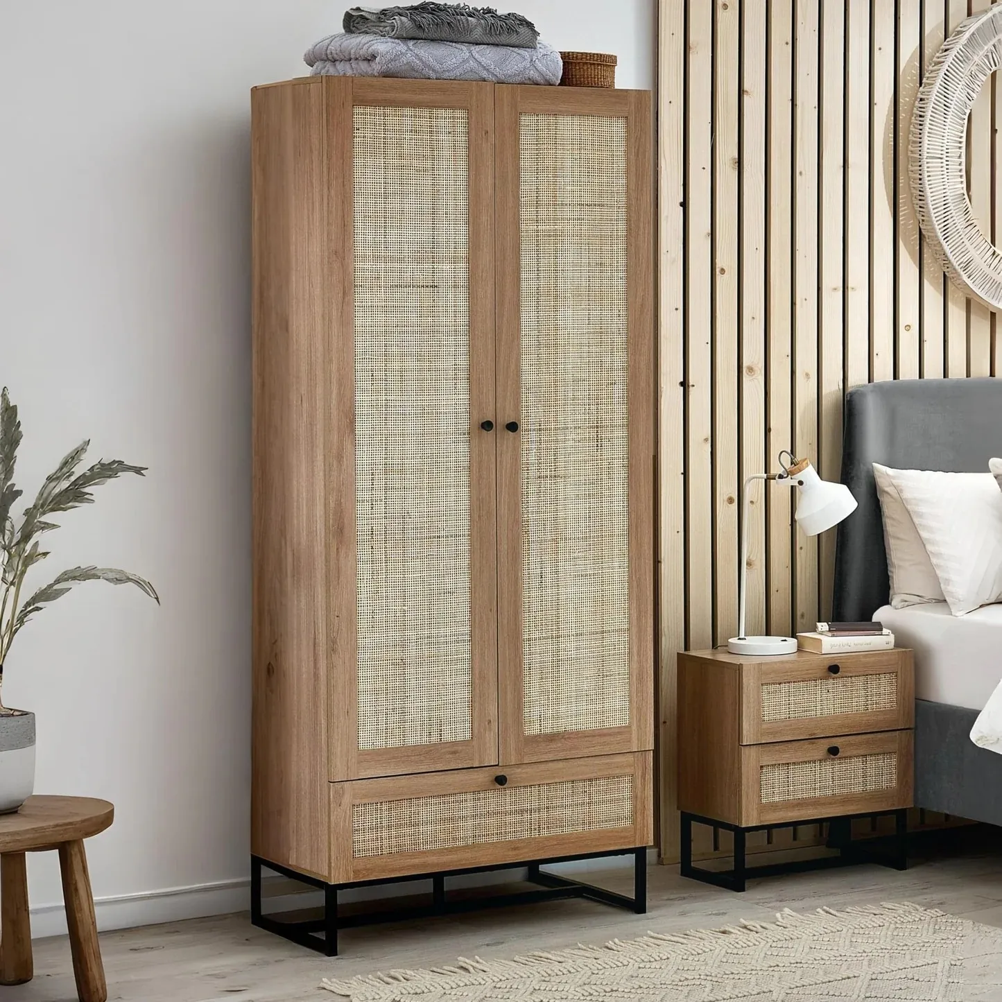 Padstow - Combination Wardrobe - Oak - Wooden/Rattan - Happy Beds