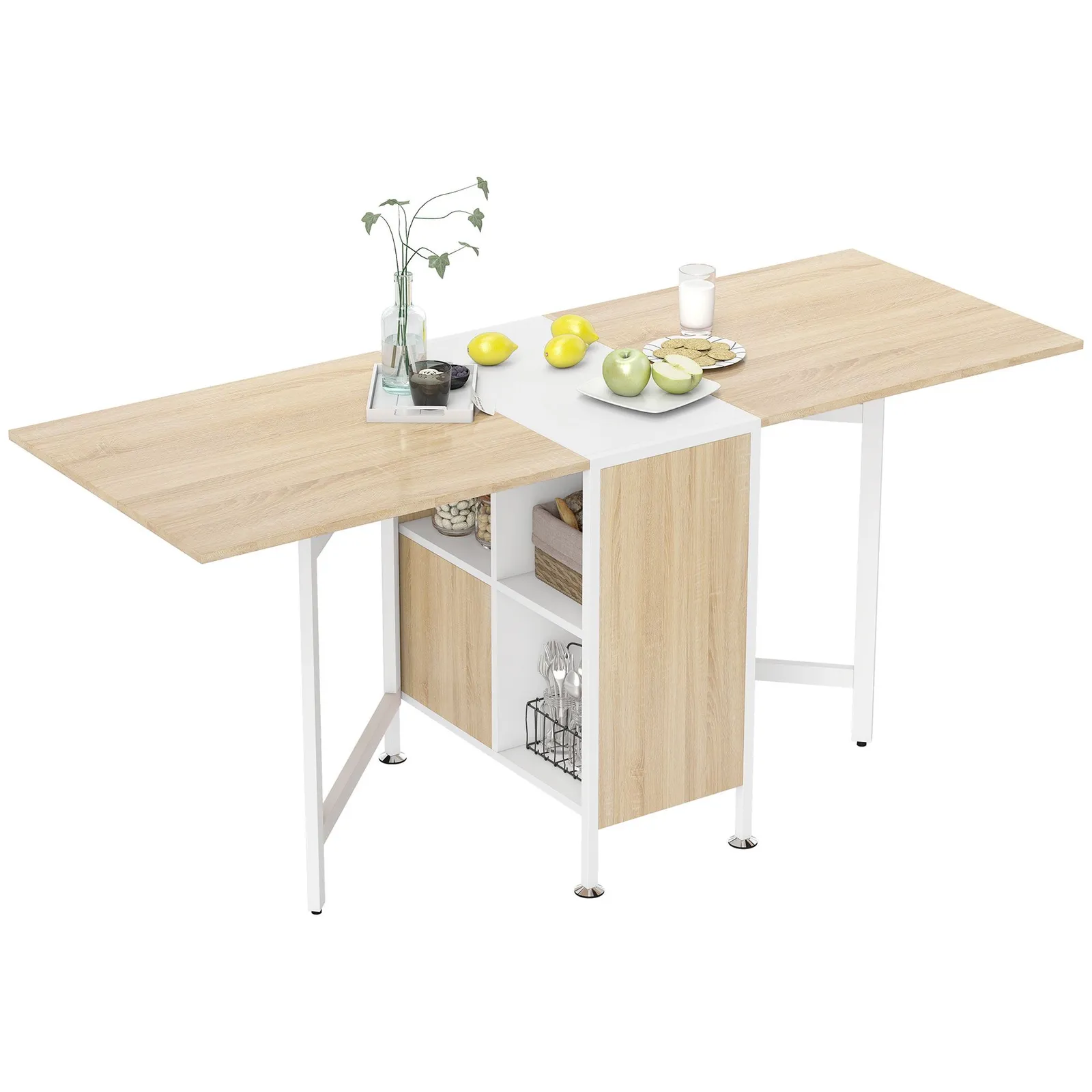 HOMCOM Folding Table Computer Desk Workstation with Storage Shelves in Light Brown 2
