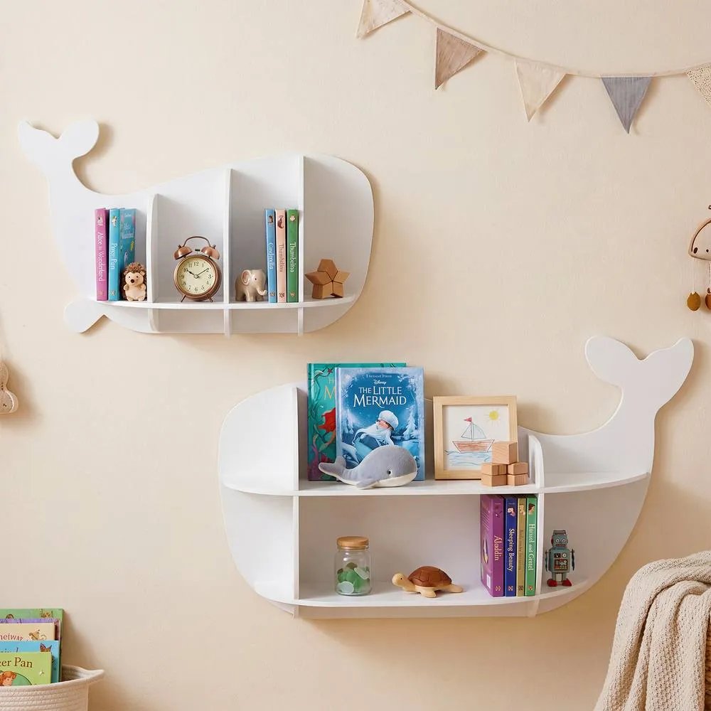 Costway 2PCS Whale Floating Shelves Wall Mounted Storage Display Rack in White 3