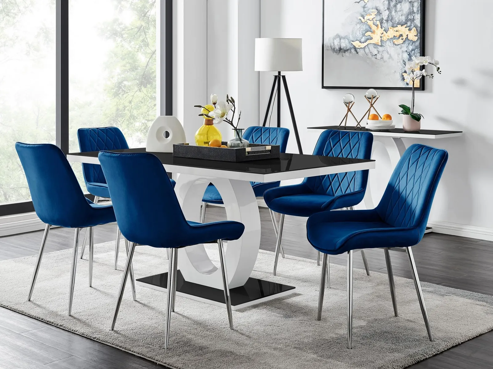 FurnitureboxUK Giovani Rectangular 6 Seat White High Gloss Unique Halo Base Dining Table Black Glass Top 6 Soft Velvet Silver Leg Pesaro Chairs