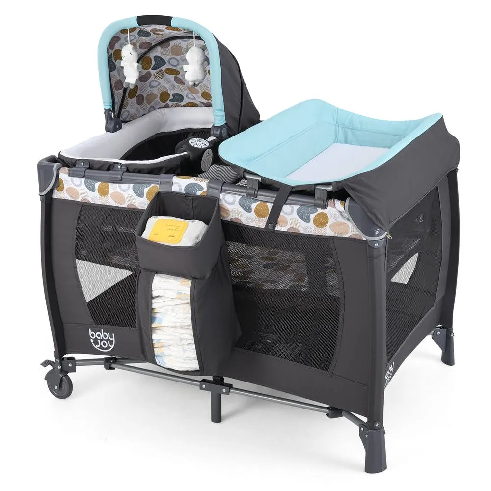 Costway Foldable Pack &Play Portable Baby Playard w/Rocking Bassinet&Music Box in Blue