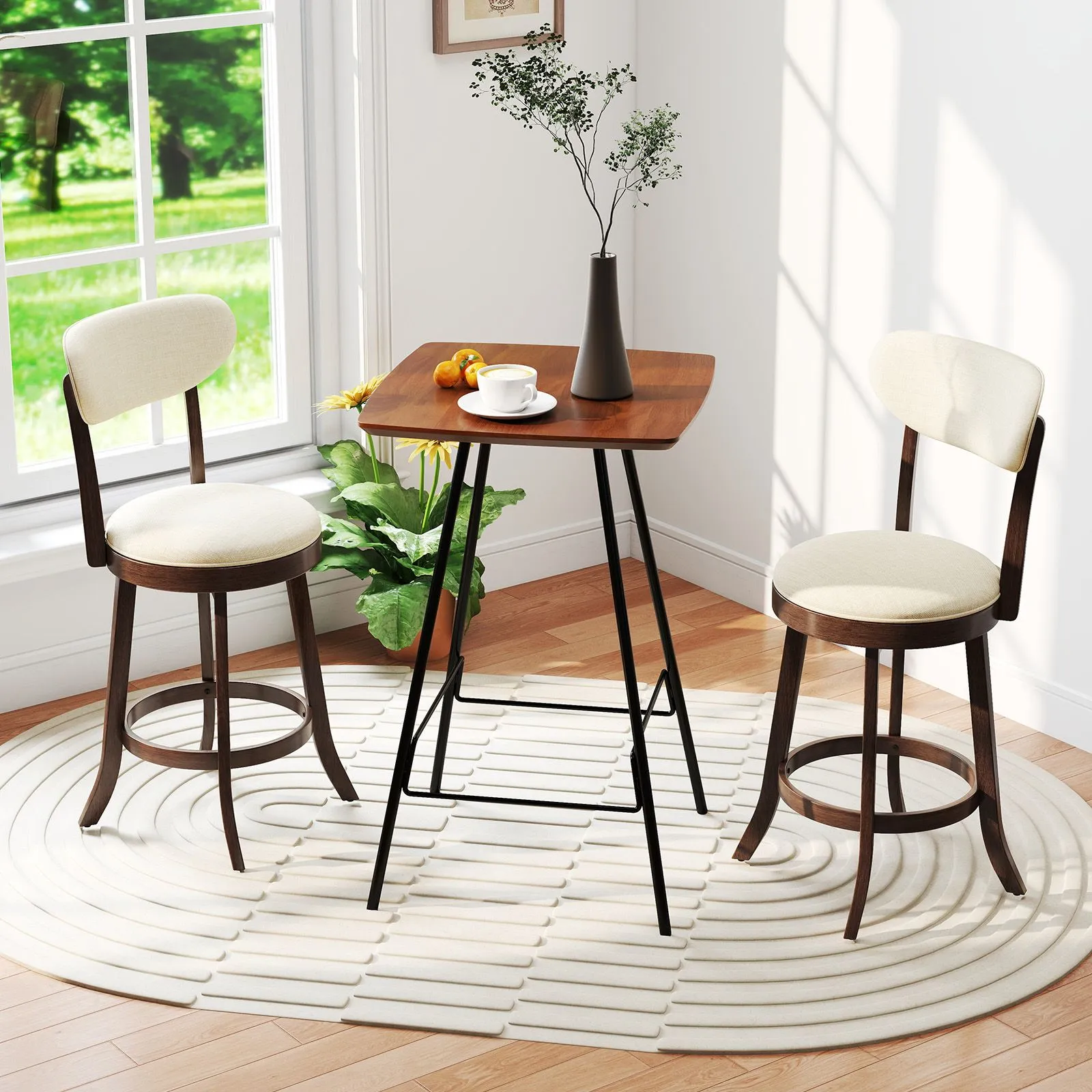 Costway 64CM Counter Height Chairs Set of 2 Swivel High Stool in Beige 4