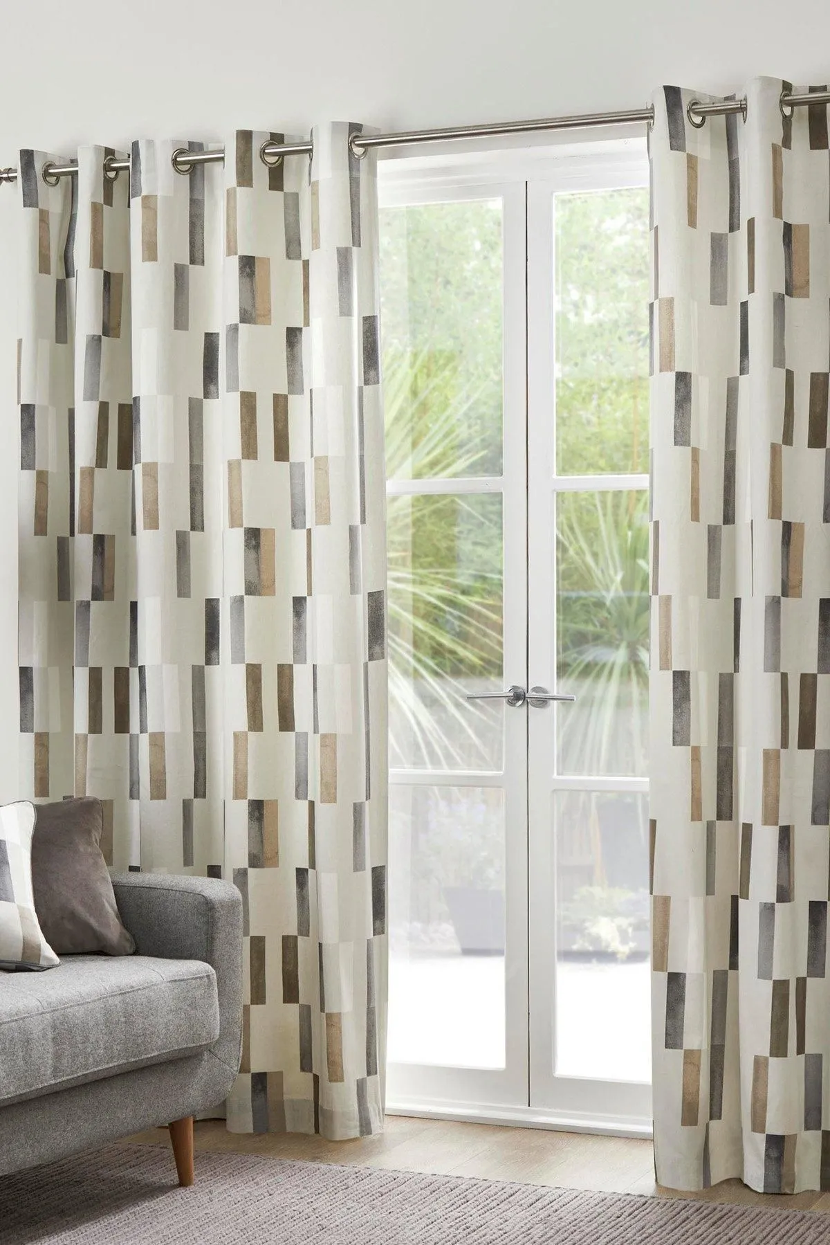 Fusion 'Oakland' 100% Cotton Modern Print Pair of Eyelet Curtains in Natural