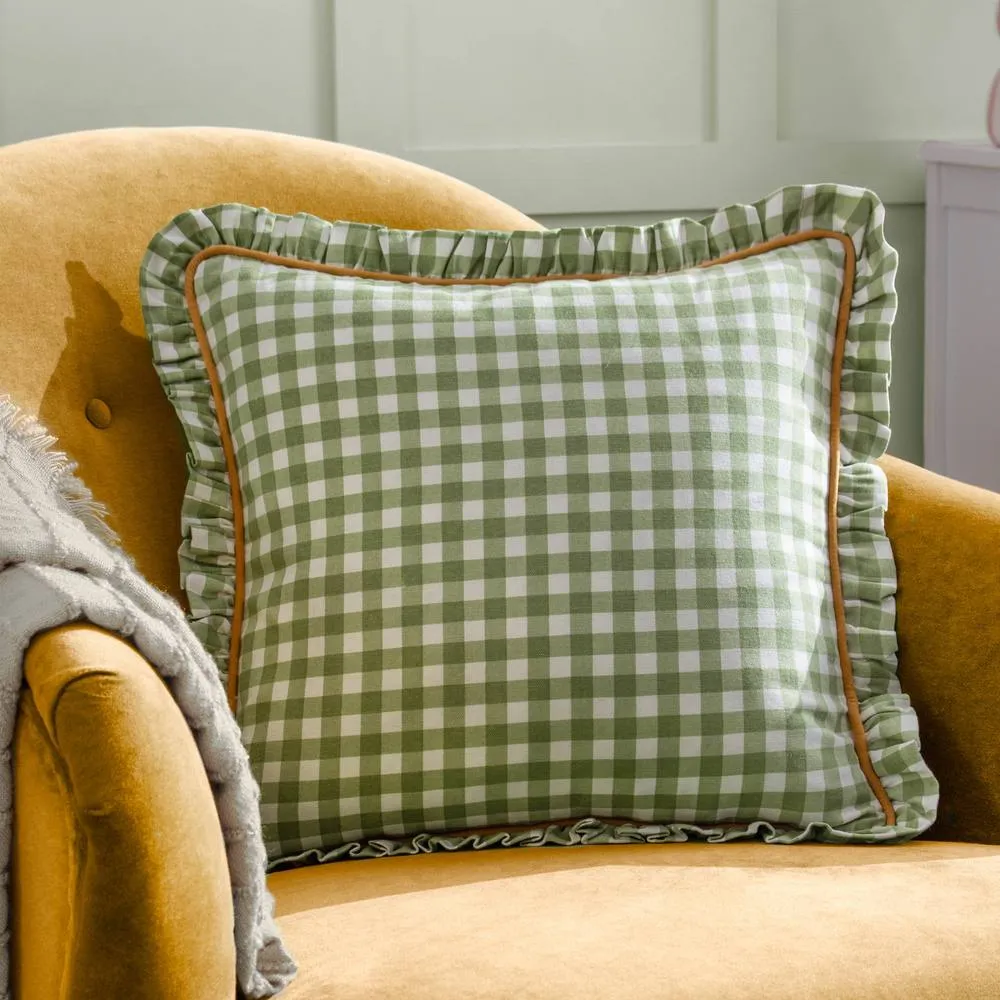 Furn Maude Gingham 100% Cotton Reversible Cushion in Green