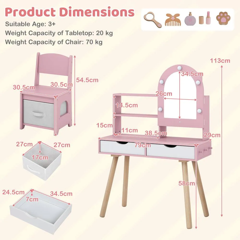 Costway 2-In-1 Princess Vanity Table & Chair Set with Mirror in Pink 2