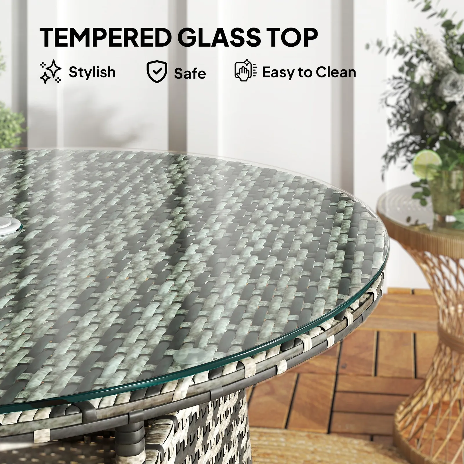 OUTSUNNY Wicker Garden Rattan Table with Umbrella Hole & Tempered Glass Top in Grey 6