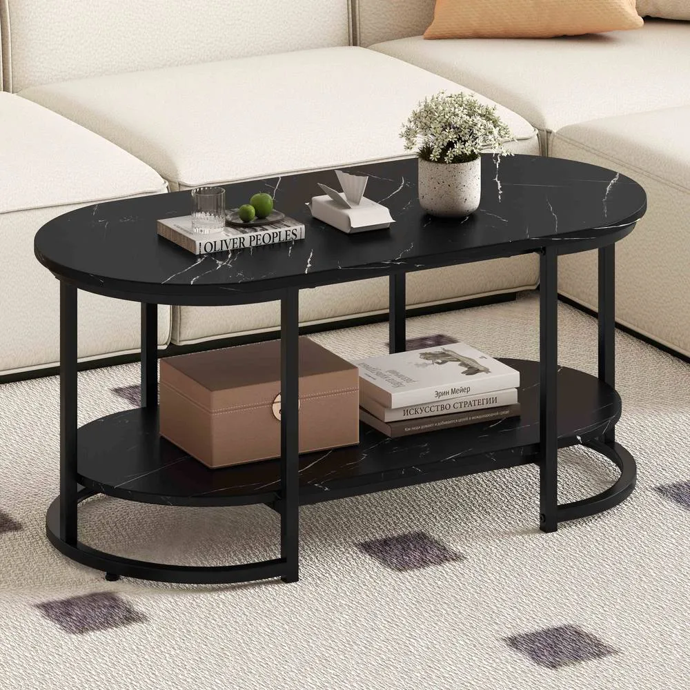 Costway Marble Coffee Table Modern 2-Tier Center Table with Shelf-Black in Black 3