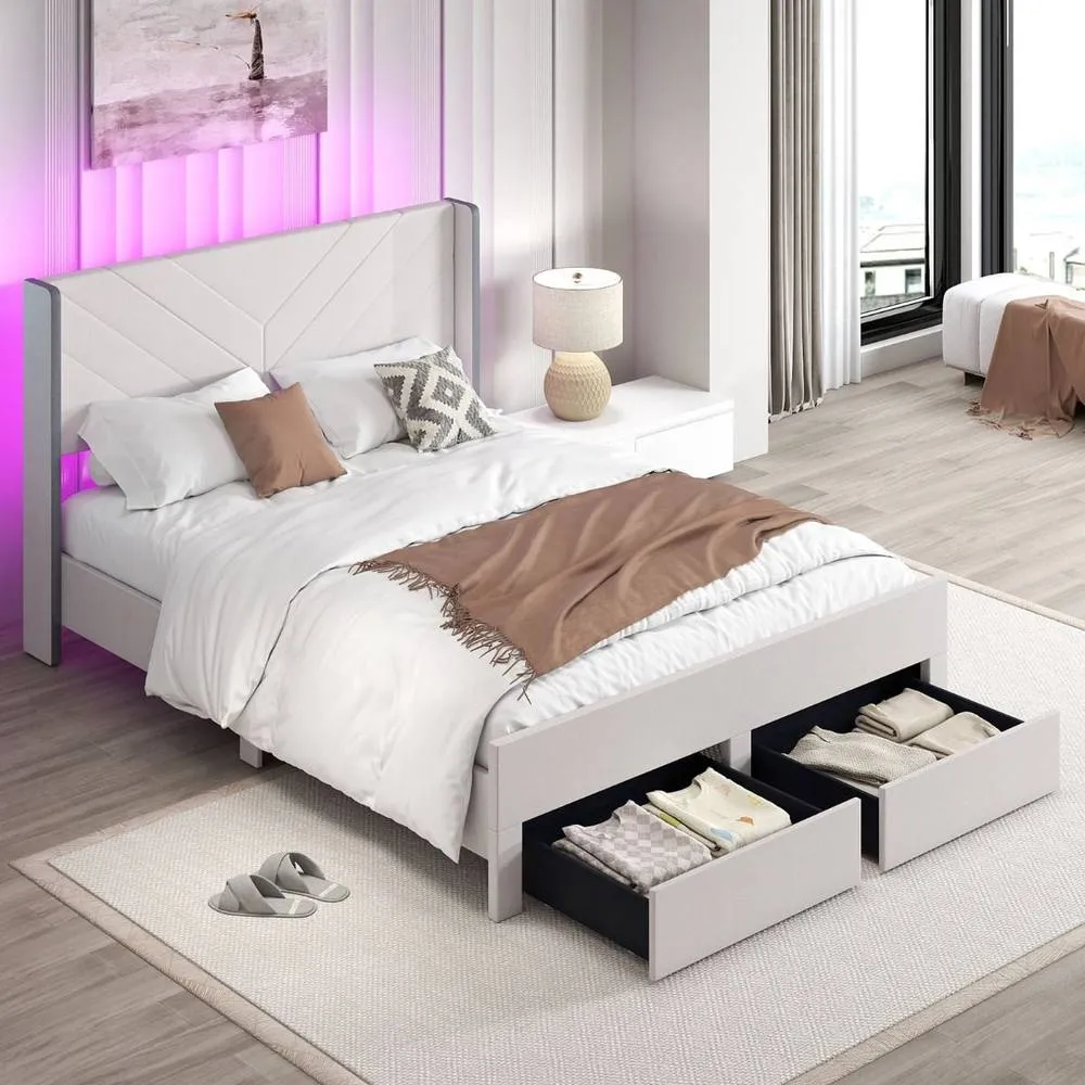 Costway King Size Bed Frame w/LED Lights Dutch Velvet Upholstered Platform Bed in Beige
