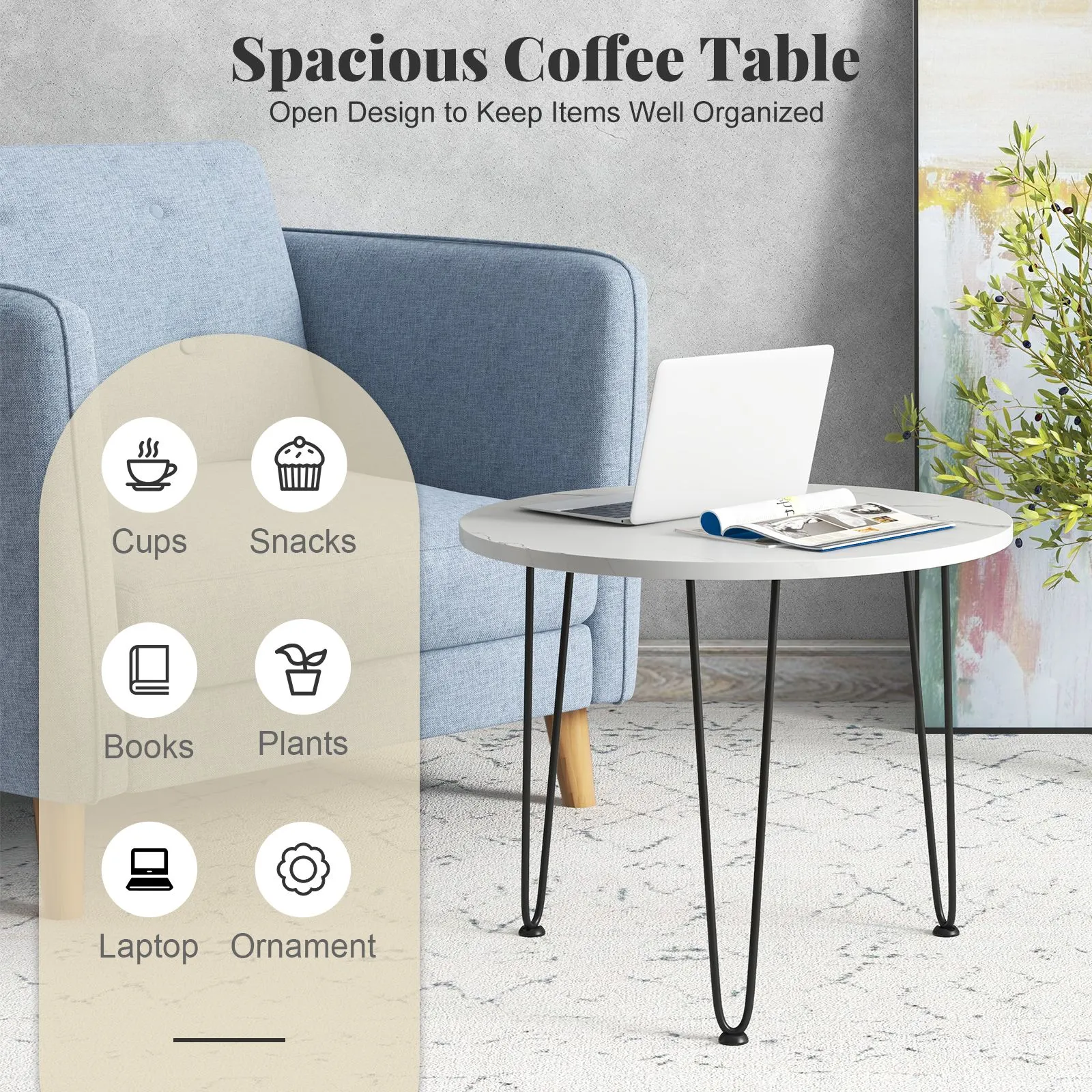 Costway Round Coffee Table Small Faux Marble Accent Table in White 6