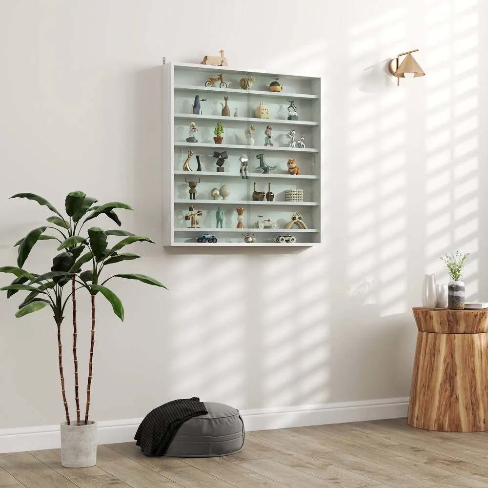 HOMCOM 7-Tier Wall Display Cabinet w/ Adjustable Shelves Glass Doors in White