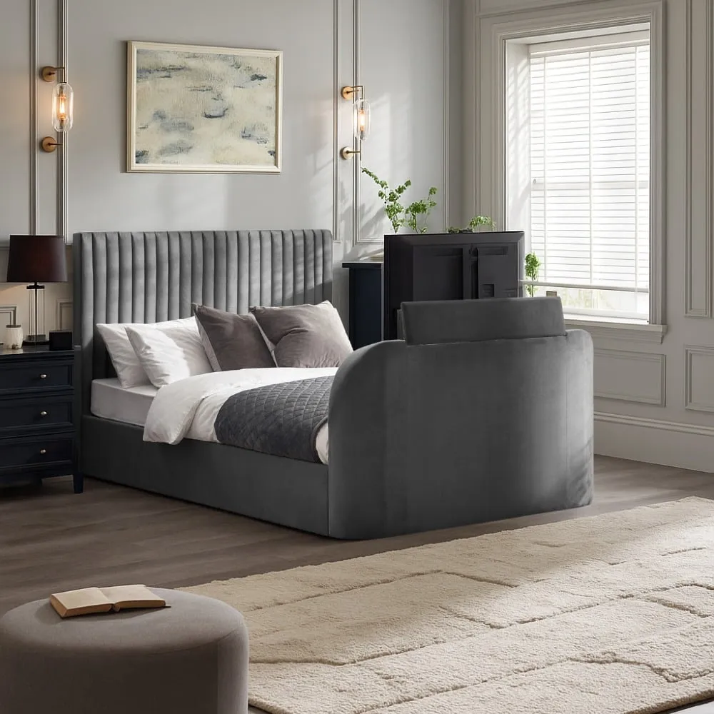Croft - Super King Size - TV Bed with Storage Compartment - Dark Grey - Velvet - 6ft - Happy Beds 1