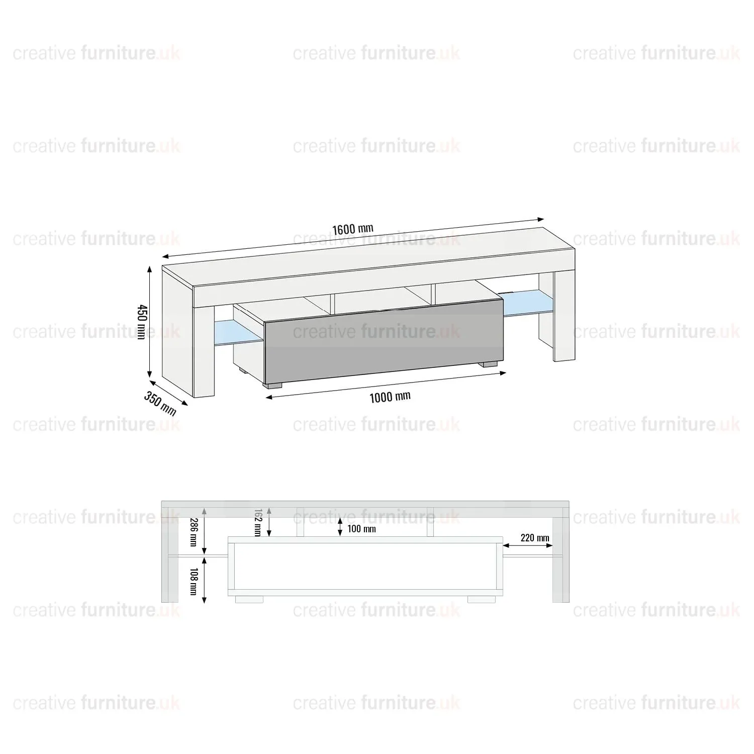 Creative Furniture TV Unit 160cm Stylish Modern - White with High Gloss Grey Doors 4