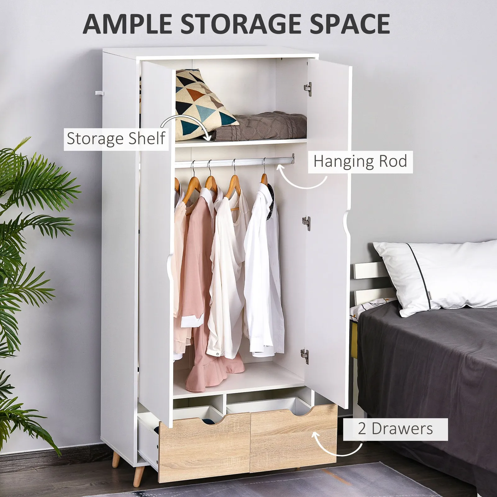 HOMCOM Wardrobe w/ Hanging Rod 1 Side Cabinet 2 Bedside Tables w/ Storage in Natural 4