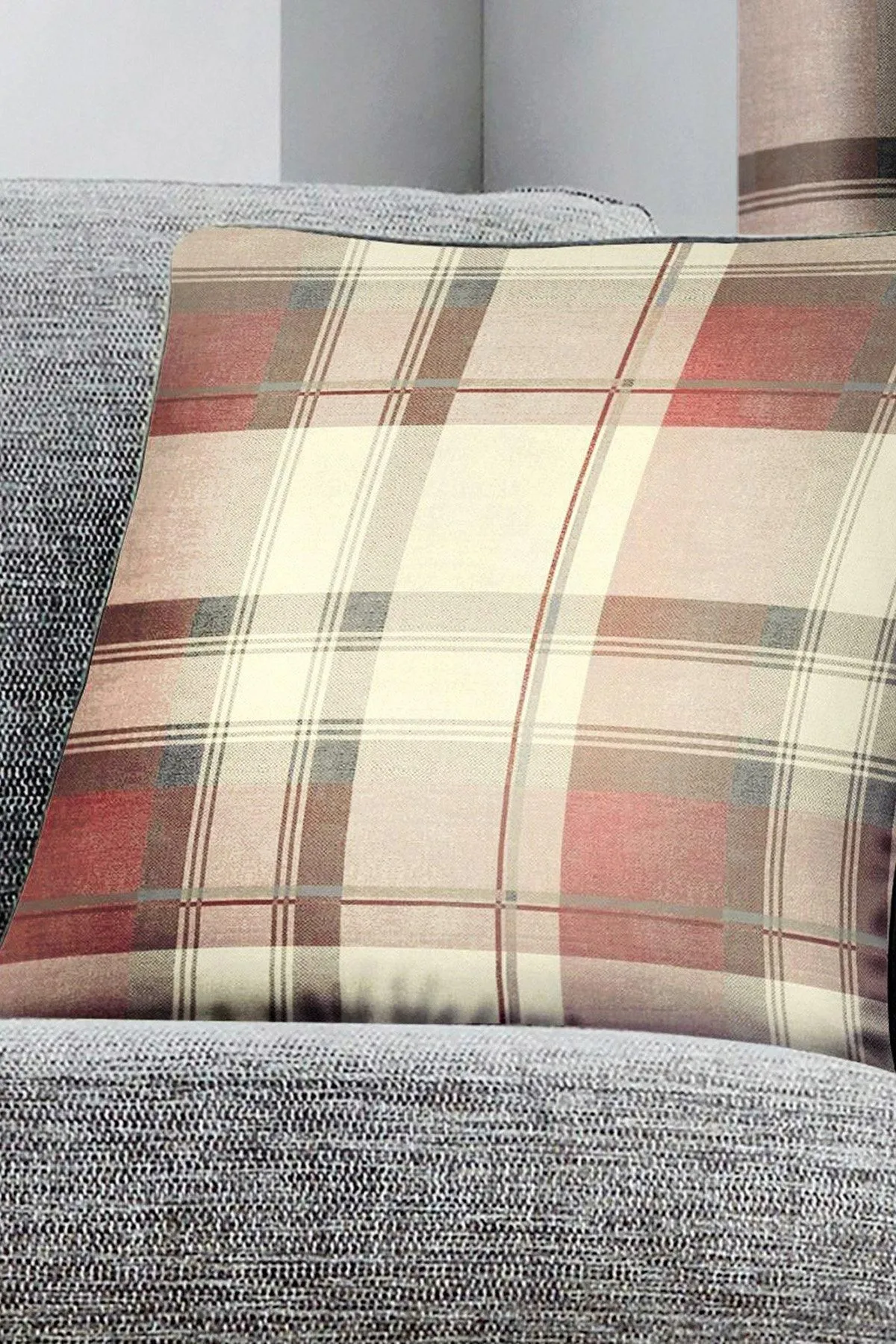 Fusion 'Balmoral Tartan' Warm Woven Check 100% Cotton Filled Cushion in Rose 1