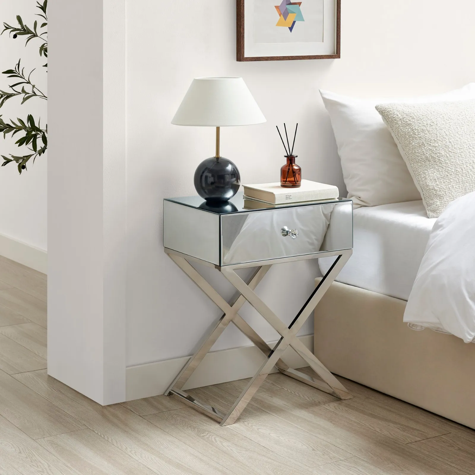 FurnitureboxUK Celeste Single Drawer Mirrored bedside Table With Silver Chrome Cross Legs
