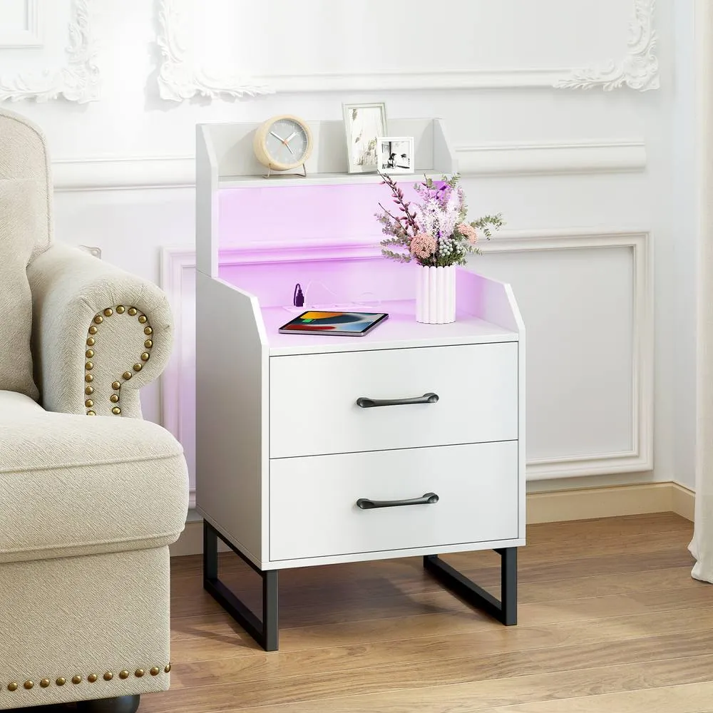 Costway Modern Bedside Table Nightstand with Built-in Charging Station in White 2