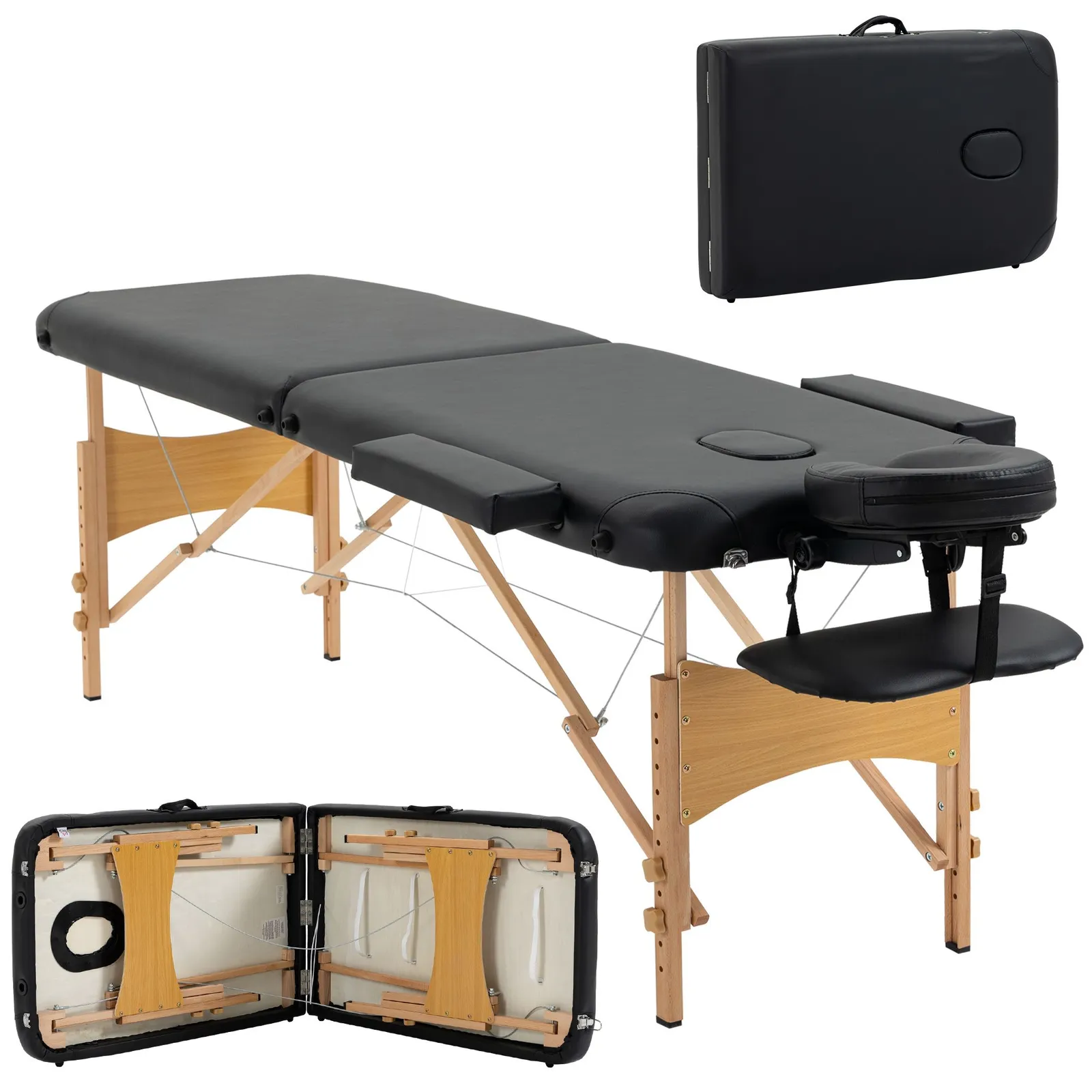 HOMCOM Wooden Folding Spa Beauty Massage Table w/ 2 Sections, Carry Bag in Black 2