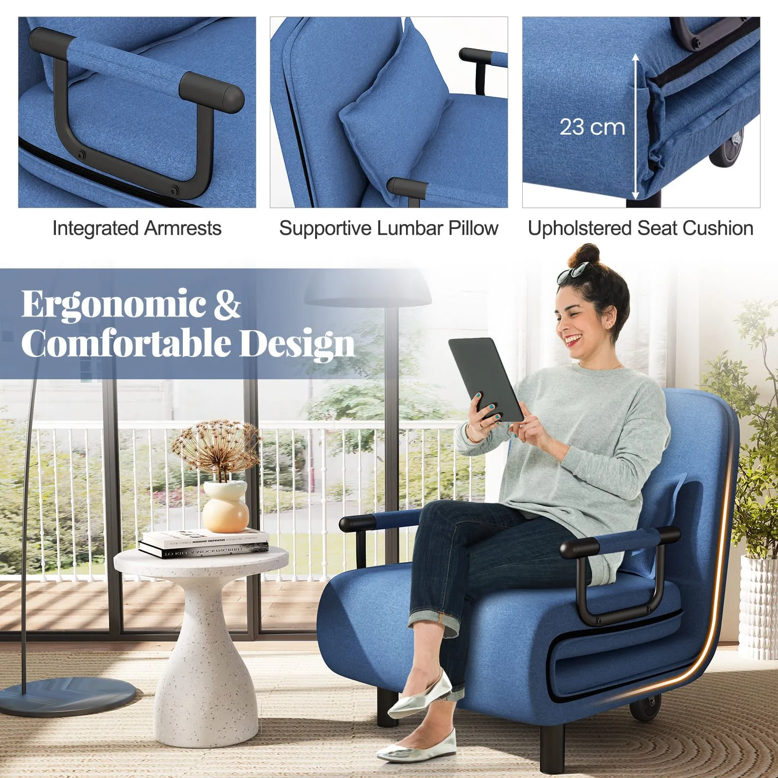 Costway Single Folding Sofa Bed Chair Modern Fabric Sleep Function Holder-Blue in Blue 6