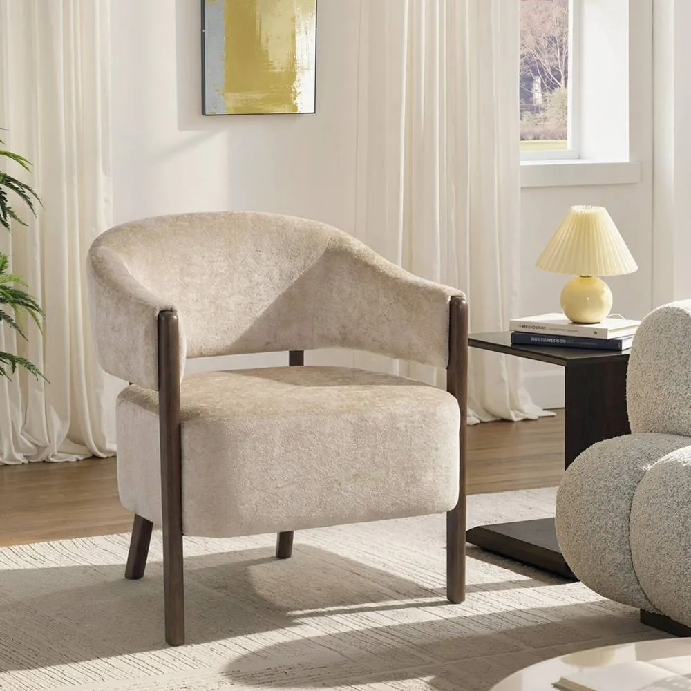 HOMCOM Accent Chair, Upholstered Armchair with Solid Wood Legs, Beige 2