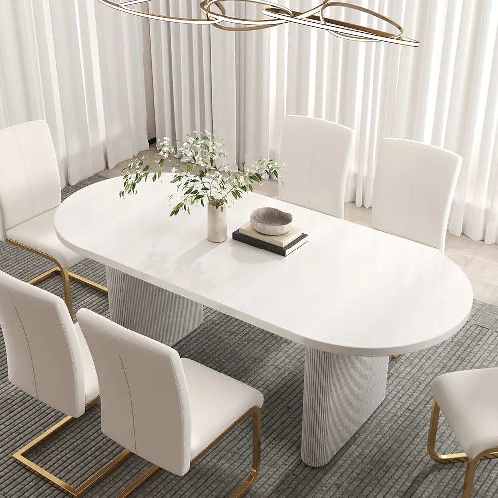 160 - 200 cm Oval Extendable Warm White Dining Table Butterfly Leaf 4-6 Seater