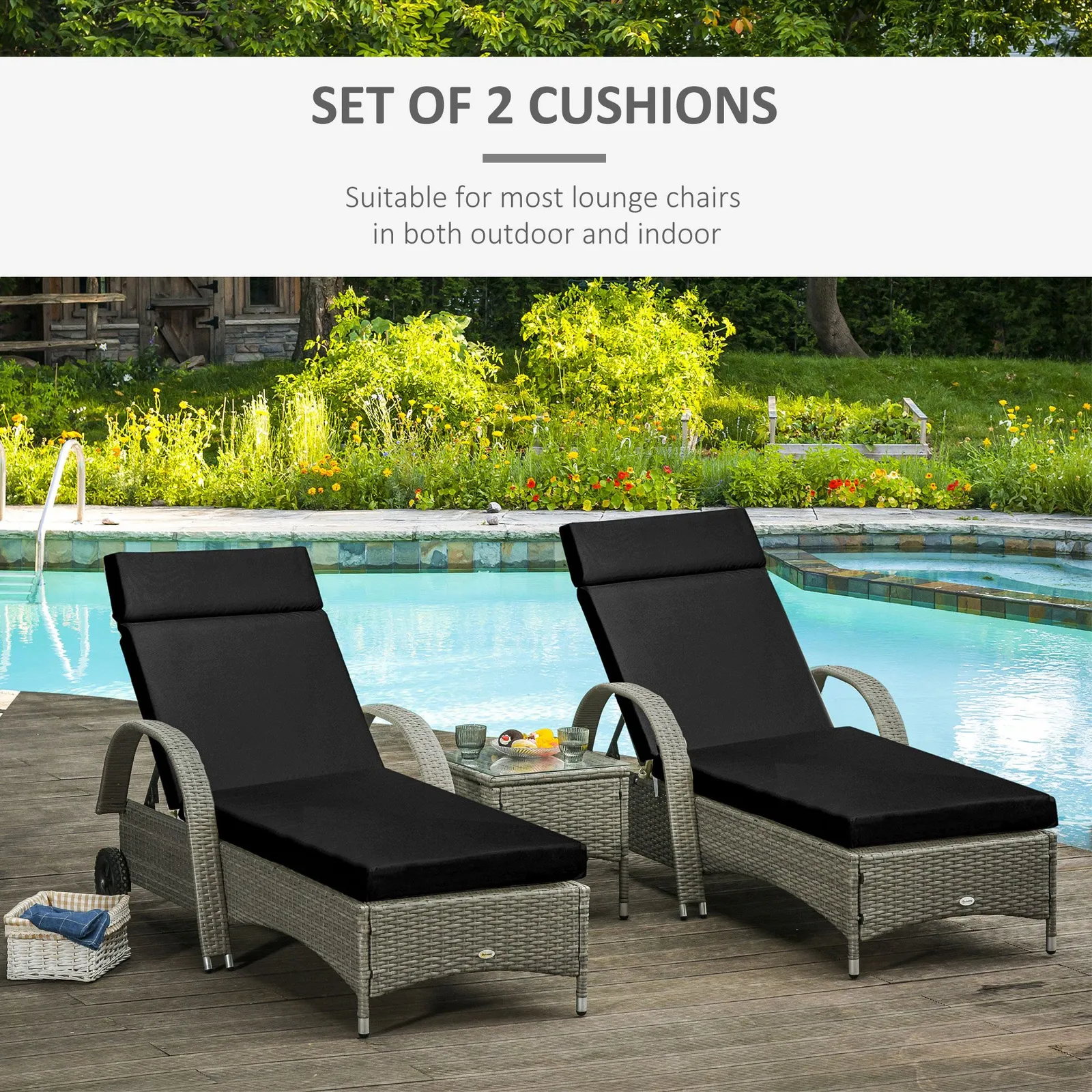 OUTSUNNY Set of 2 Sun Lounger Cushions ONLY, Replacement Cushions in Black 3