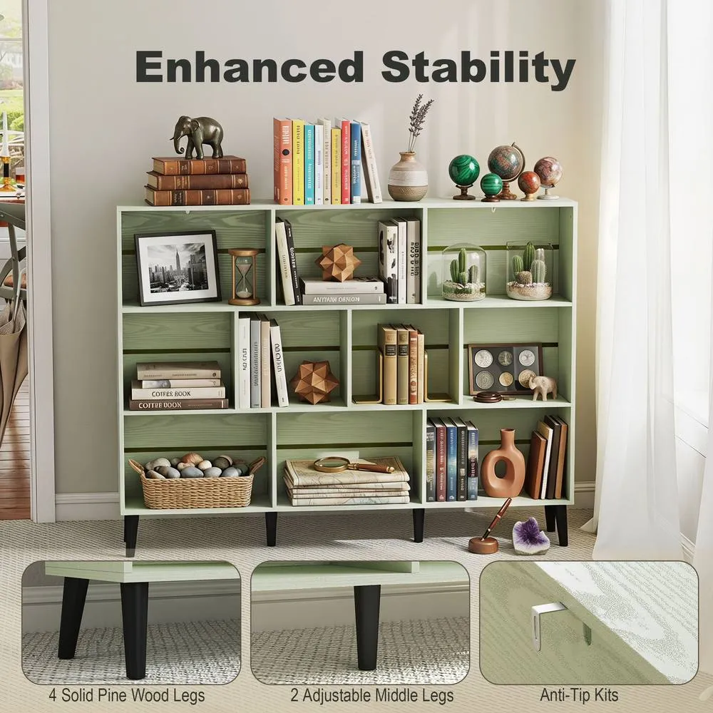 HOMCOM Bookshelf with 10 Cubbies, Book Shelf with Wood Legs, Light Green 5