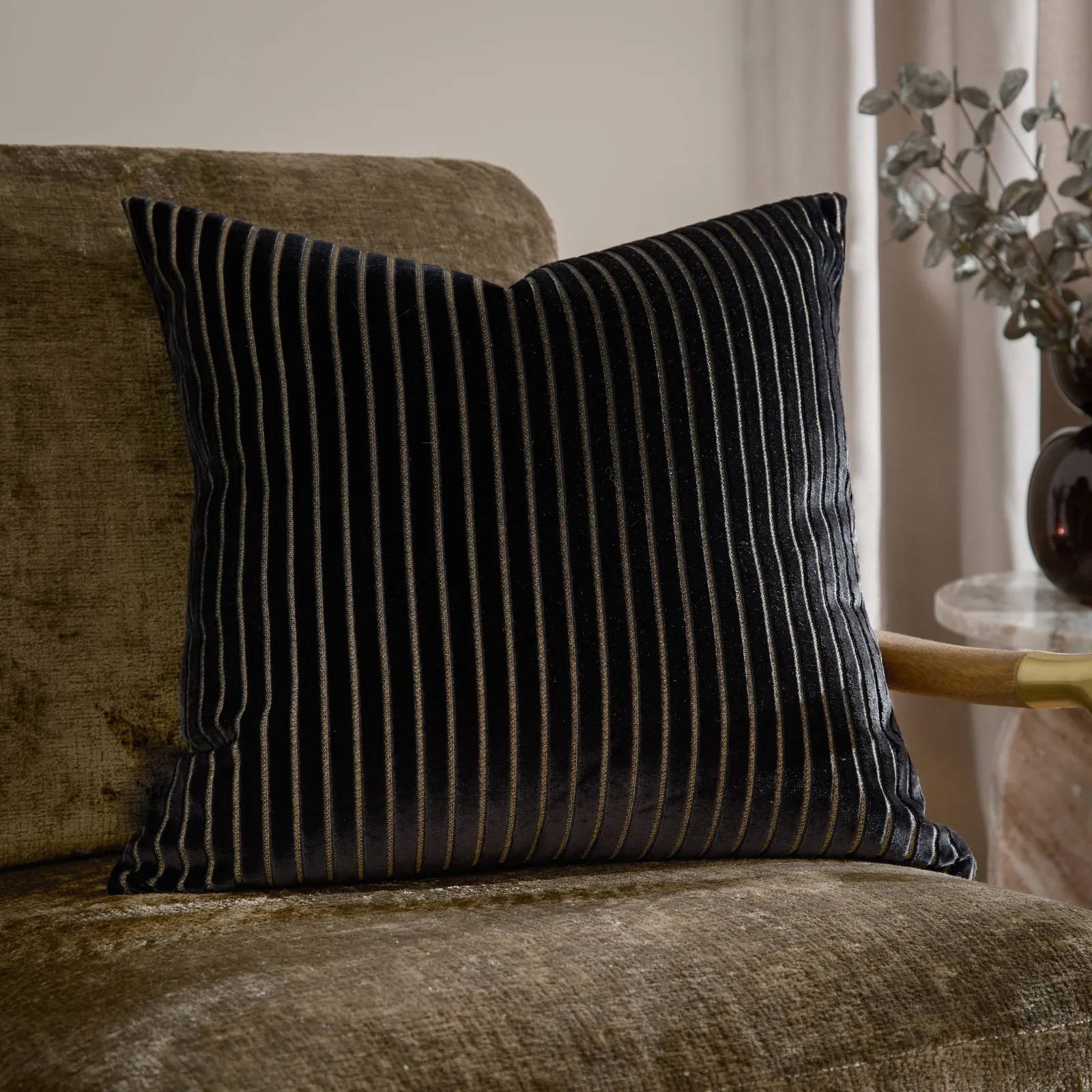 Paoletti Savoy Stripe Velvet Cushion in Black 1
