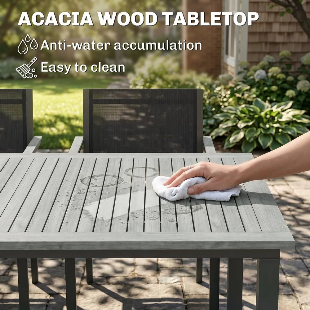 OUTSUNNY Garden Dining Set with Acacia Wood Table Top, Stackable Chairs in Grey 4