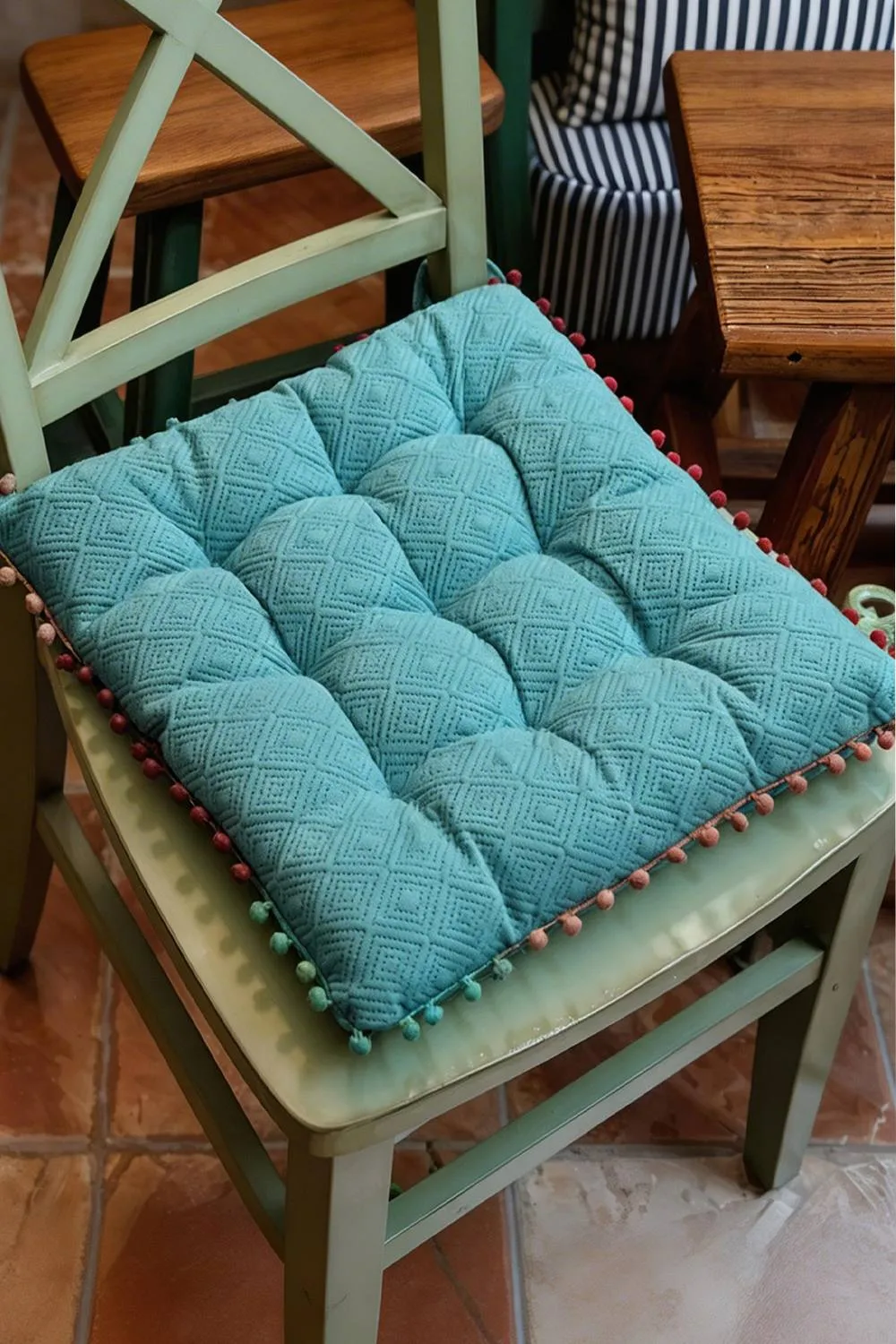 Living and Home Bohemian Style Tufted Square Chair Cushion with Tassels in Blue