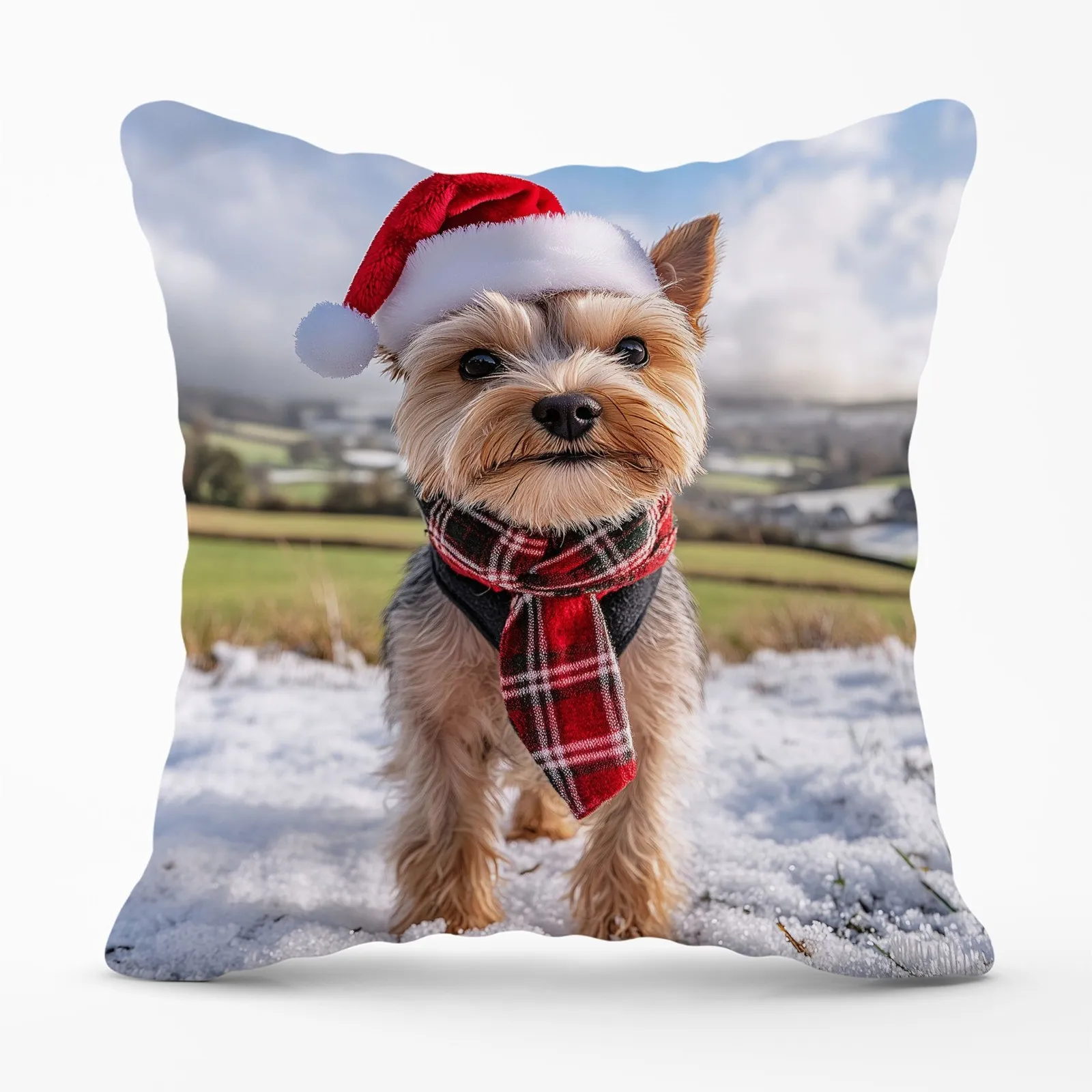 Warren Reed - Designer Snowy Christmas Yorkshire Terrier Cushion in Brown