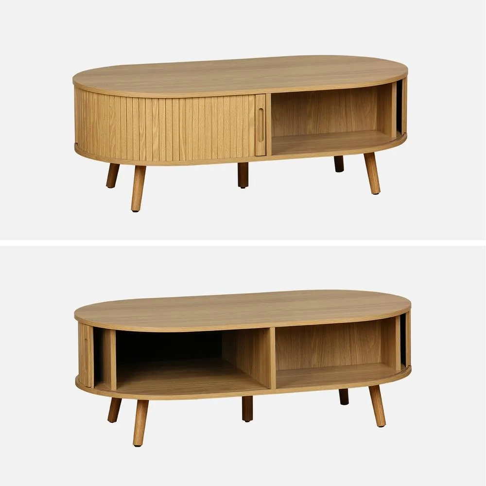 sweeek Coffee Table With Sliding Doors & Grooved Wooden-effect Compartments in Light Brown 2