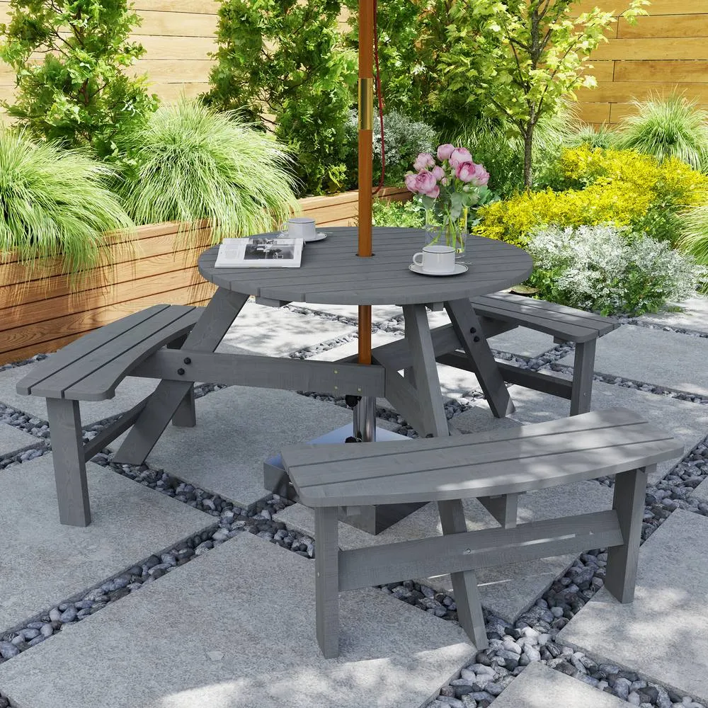 OUTSUNNY 6 Person Fir Wood Table Bench Set Outdoor Garden Patio, Grey