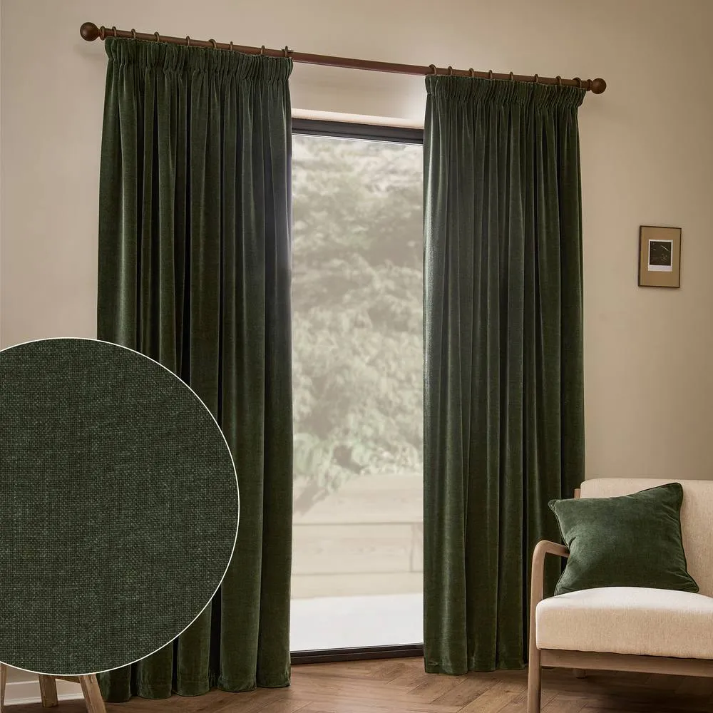 Yard Heavy Chenille Velvet Fully Lined Pencil Pleat Curtain Pair in Bottle Green 1