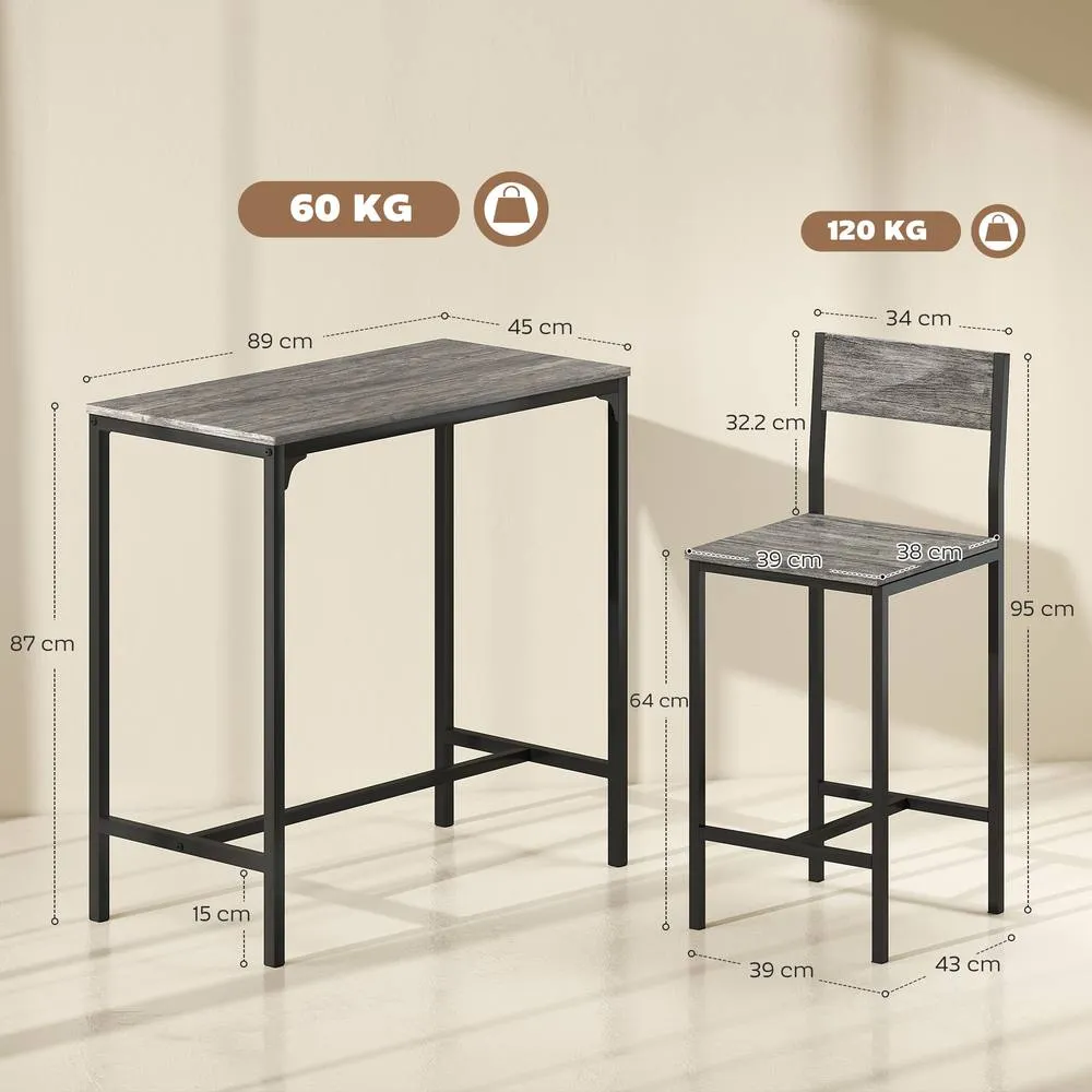 HOMCOM 3-Piece Bar Table Set with 2 Stools, Footrest in Charcoal 3