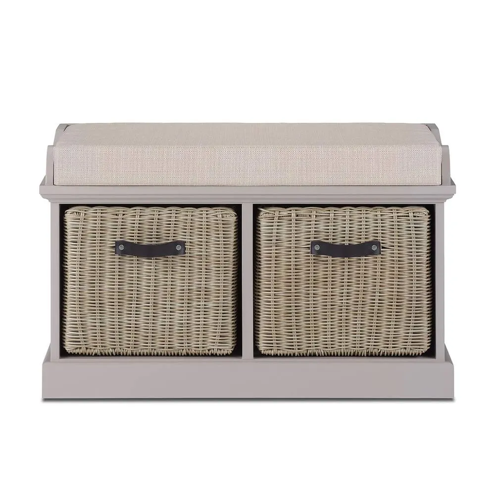 Statement Furniture Tetbury Bench with 2 Brown Faux Rattan Baskets & Cream Cushion in Taupe 1