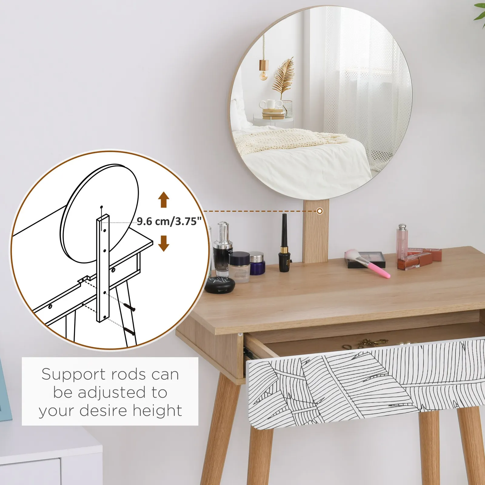 HOMCOM Wooden Compact Dressing Table Drawer Mirror 4 Legs Table Top Bedroom in Light Brown 4