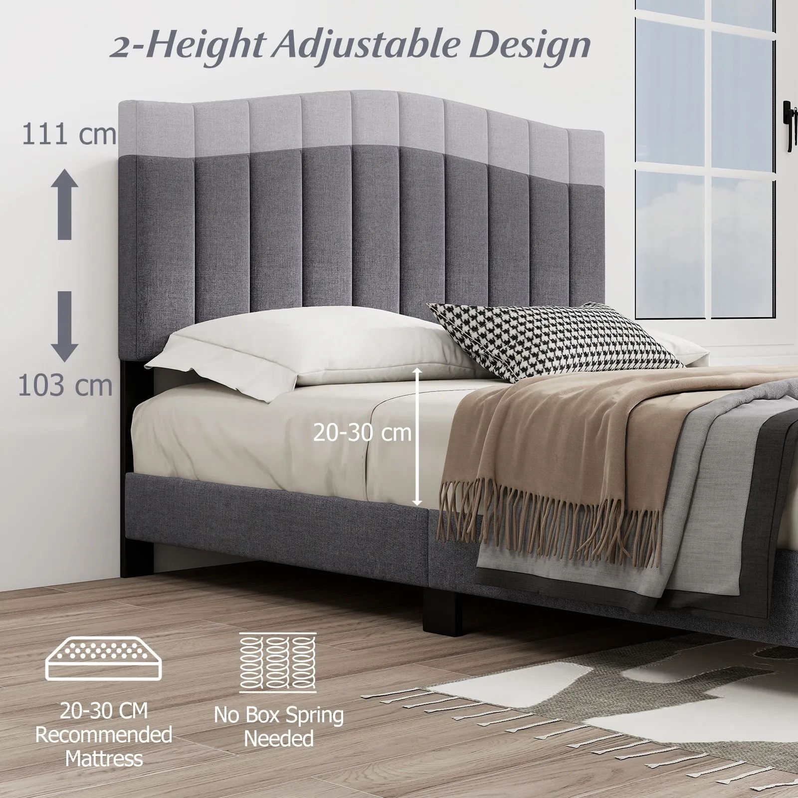 Costway Modern Upholstered Bed Frame Double Size Platform Bed in Grey 4