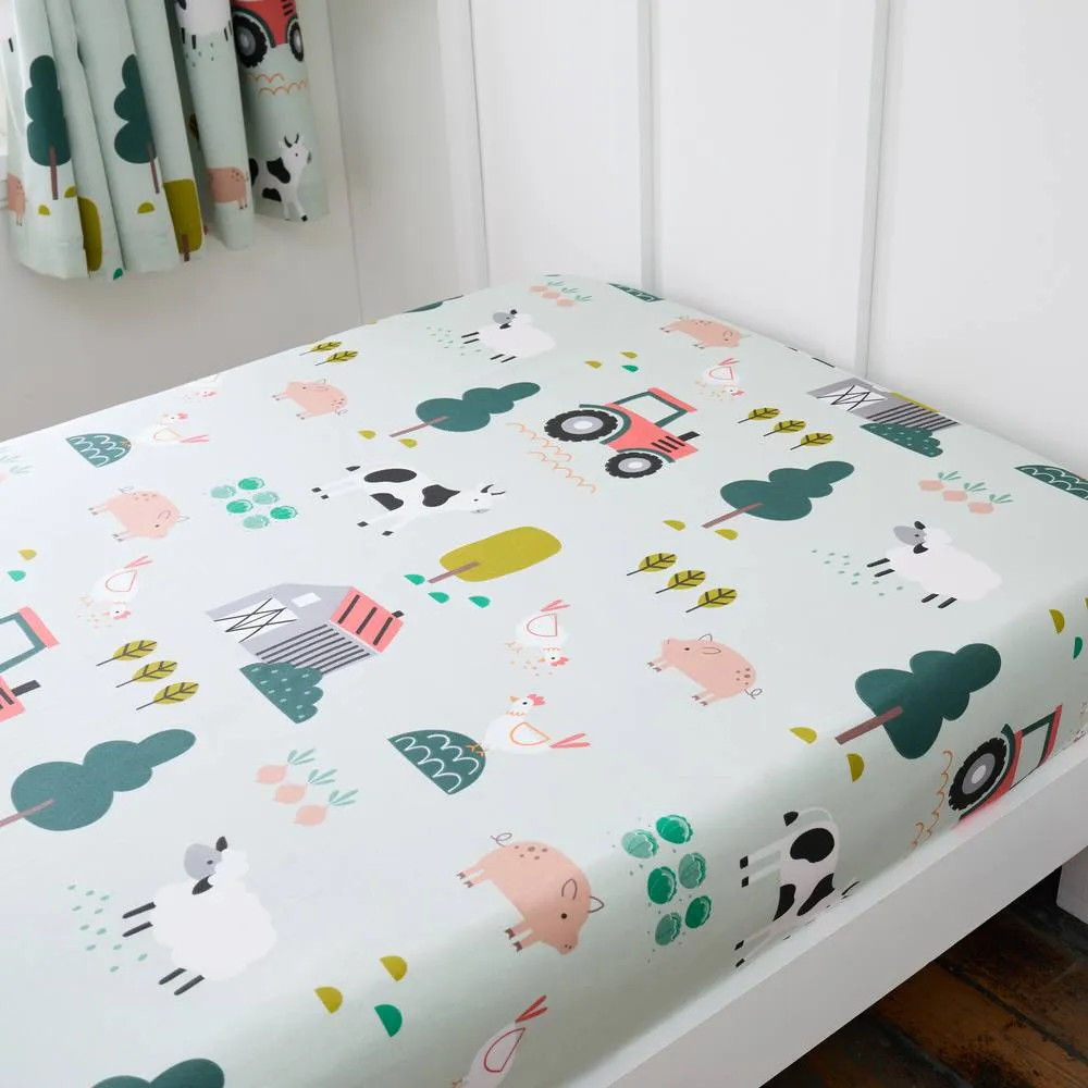 Happy Linen Company Barn Yard Farm Animals Fitted Sheet Bedsheet Bedding Bed Linen in Green