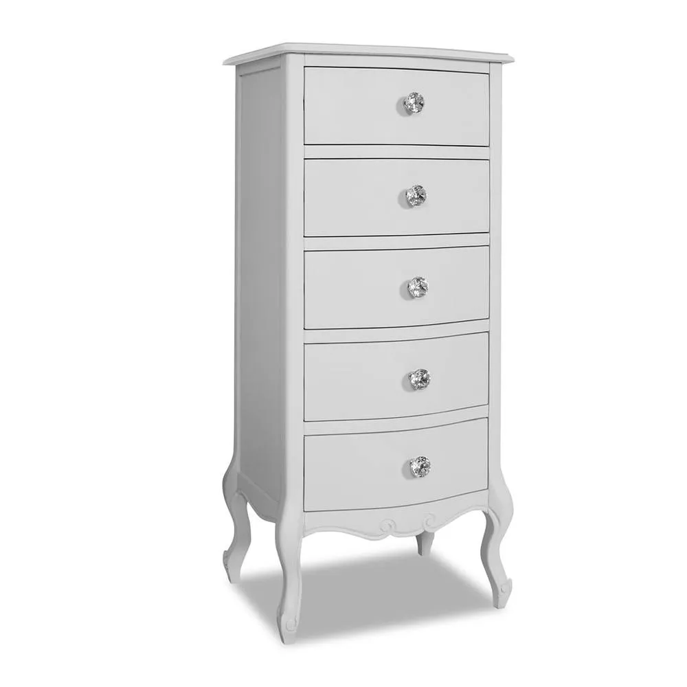 Statement Furniture Juliette Vintage Chic 5 Drawer Tallboy with Crystal Handles in White 6