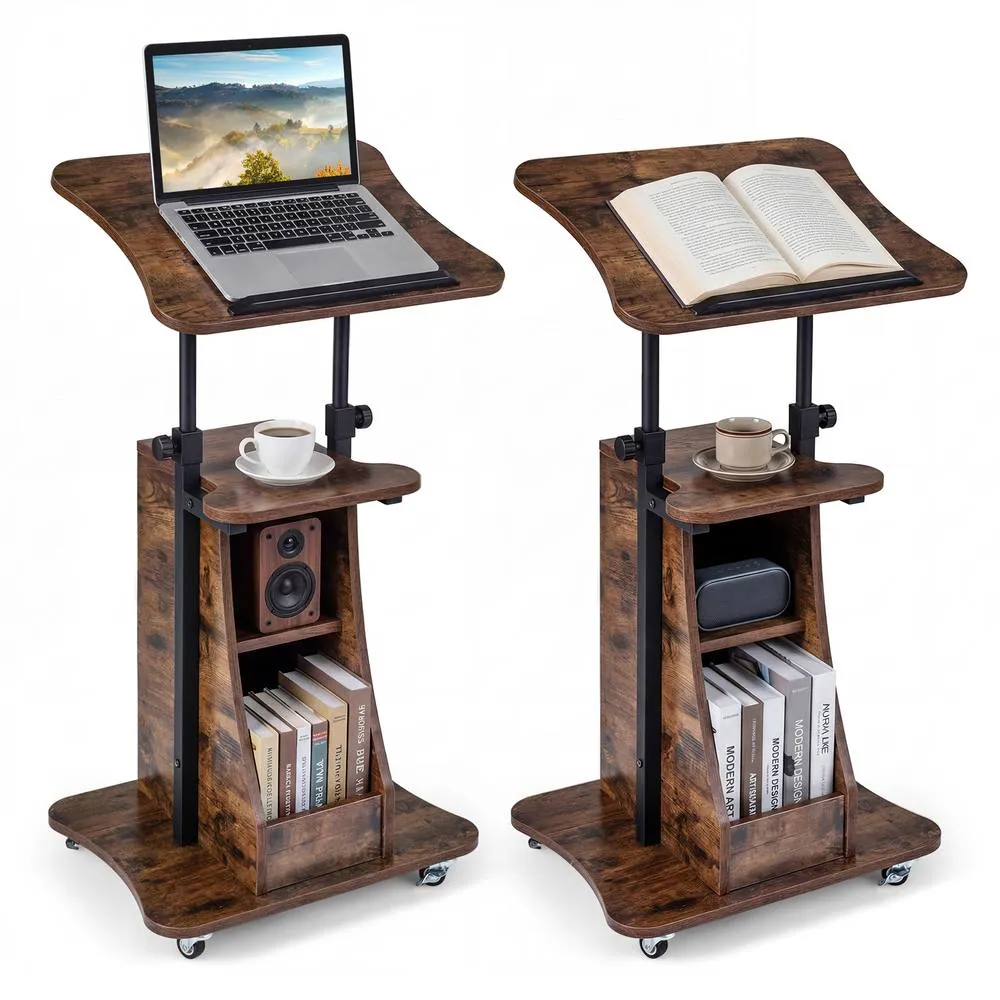Costway Height Adjustable Podium Stand on Wheels with Rustic Brown/Black Wood in Brown 6
