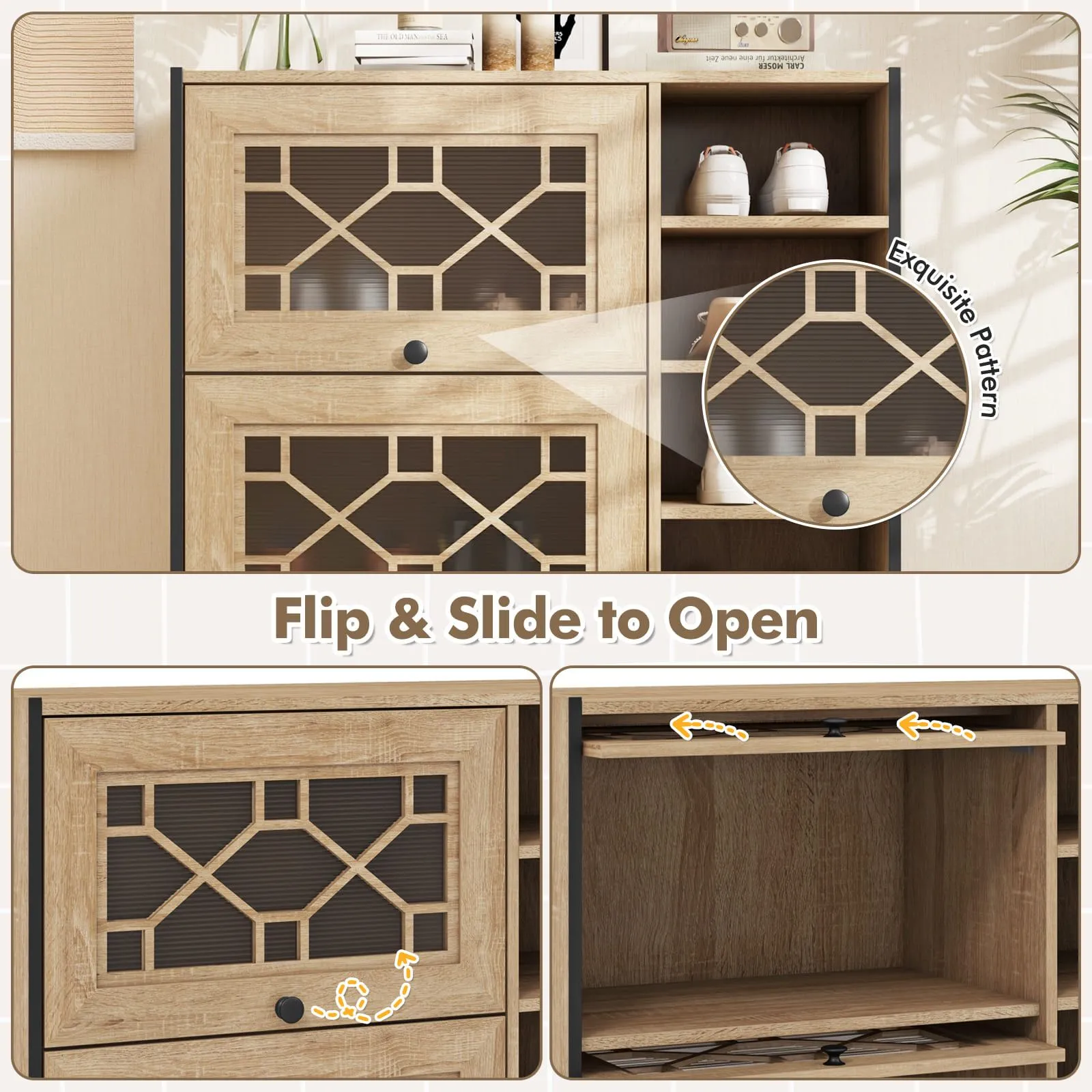 Costway Shoe Storage Cabinet Freestanding Shoe Organizer w/ Flip Doors-Oak in Light Oak 6