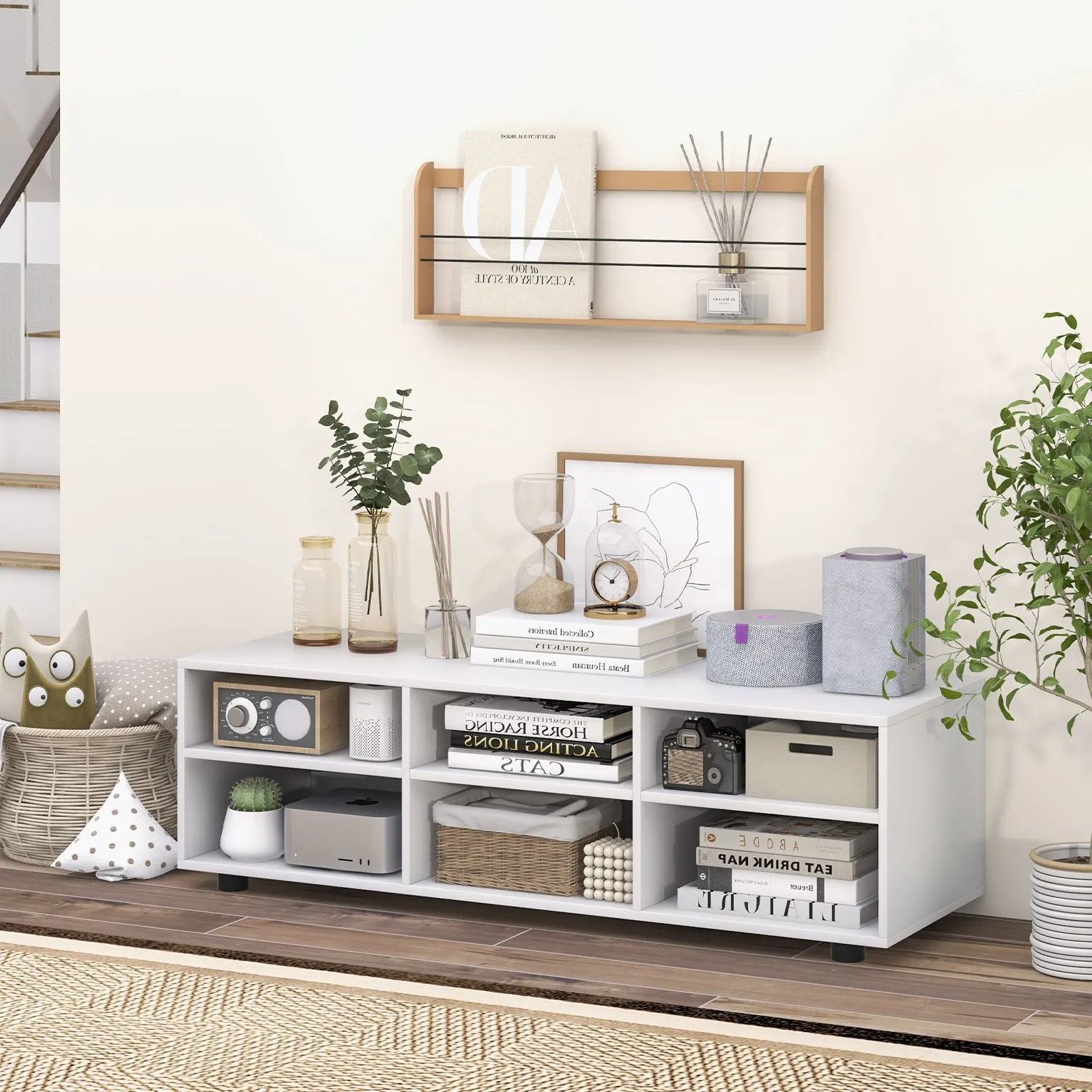 Costway TV Stand for TVs up to 55 Inches Wooden 6 Storage Compartments TV Cabinet Table in White 5