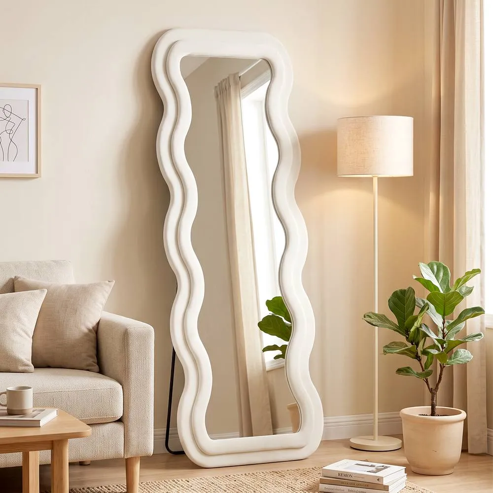 HOMCOM Full Length Mirror, 160 x 60 cm Velvet Wall Standing Mirror, Cream 2