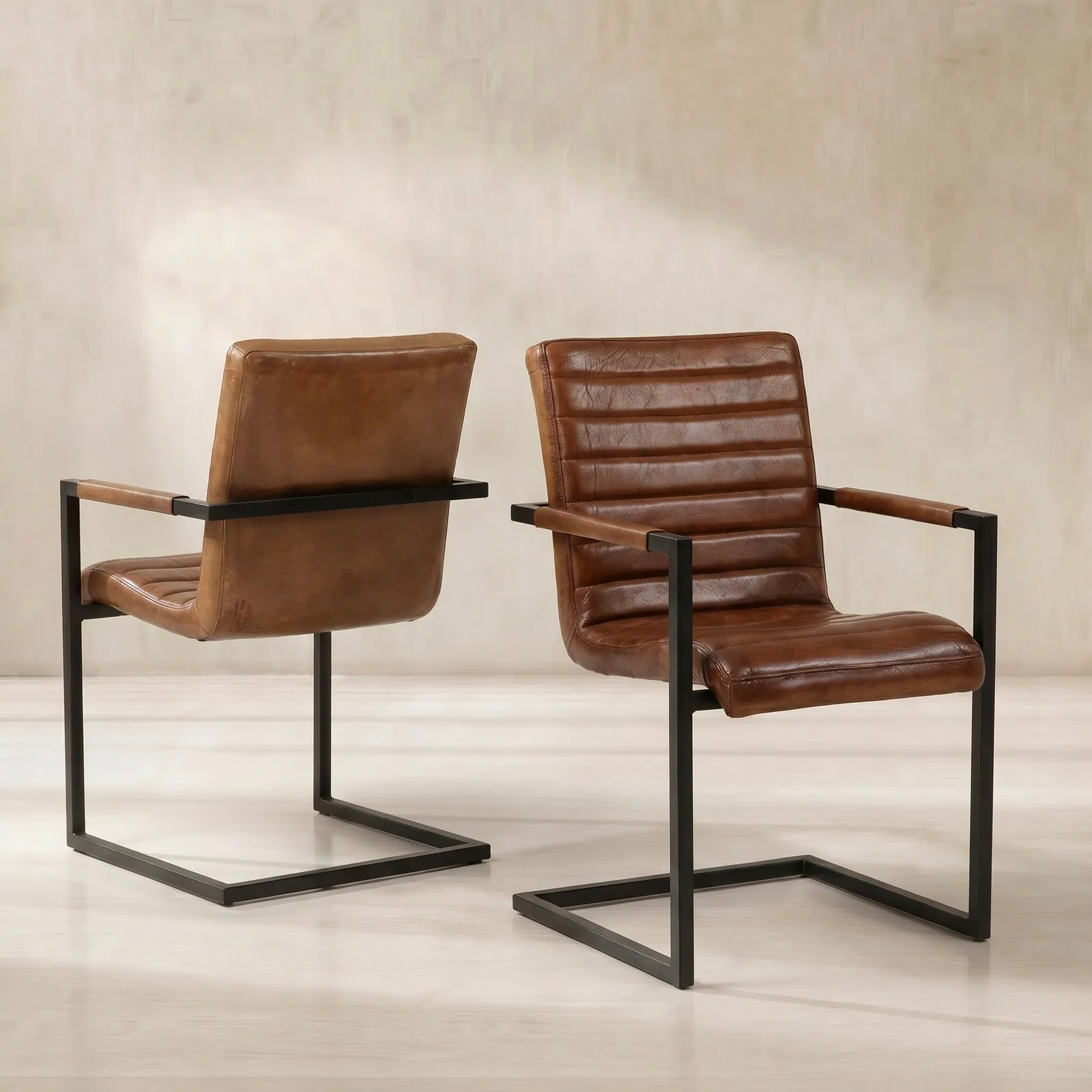 Pure Furniture Brutus Dining Chair With Arms, Brown Leather | Barker & Stonehouse