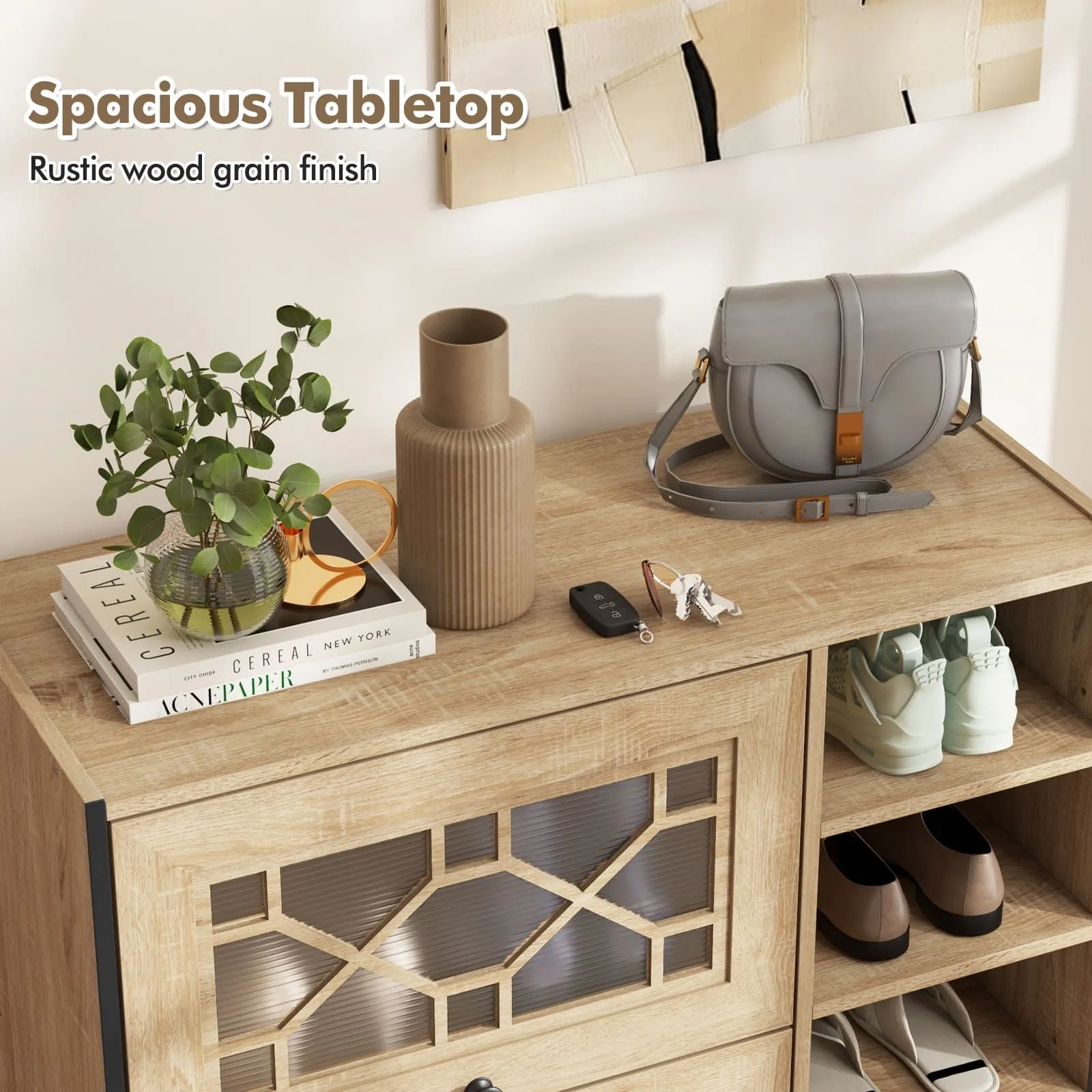 Costway Shoe Storage Cabinet Freestanding Shoe Organizer w/ Flip Doors-Oak in Light Oak 4